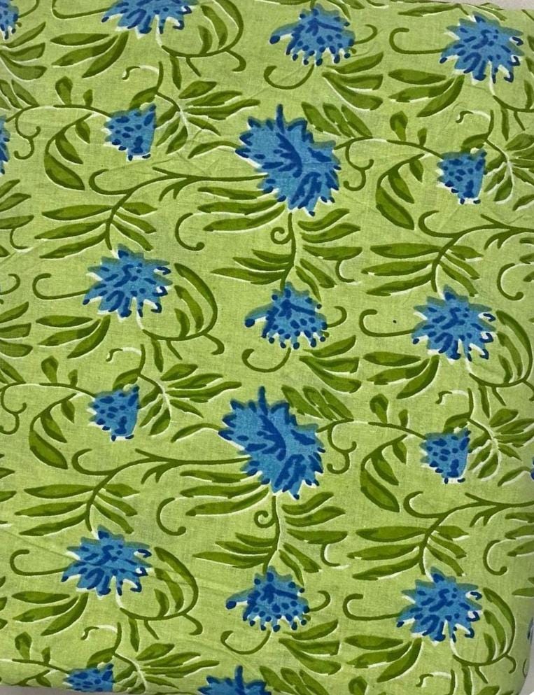 Green Indian Hand Block Print Fabric, 100% Cotton Quilting Fabric By The Yard, Fabric For Dress Making, Loose Running Fabric, Napkin Fabric