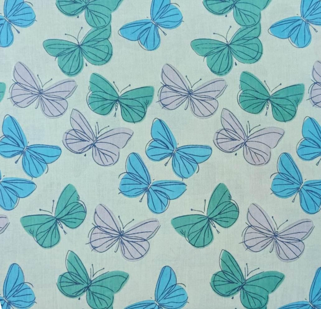 Butterfly Cotton Fabric by the Yard, Blue & Teal Butterflies on Mint Green Background, Quilting Sewing Craft Dressmaking Running Fabric