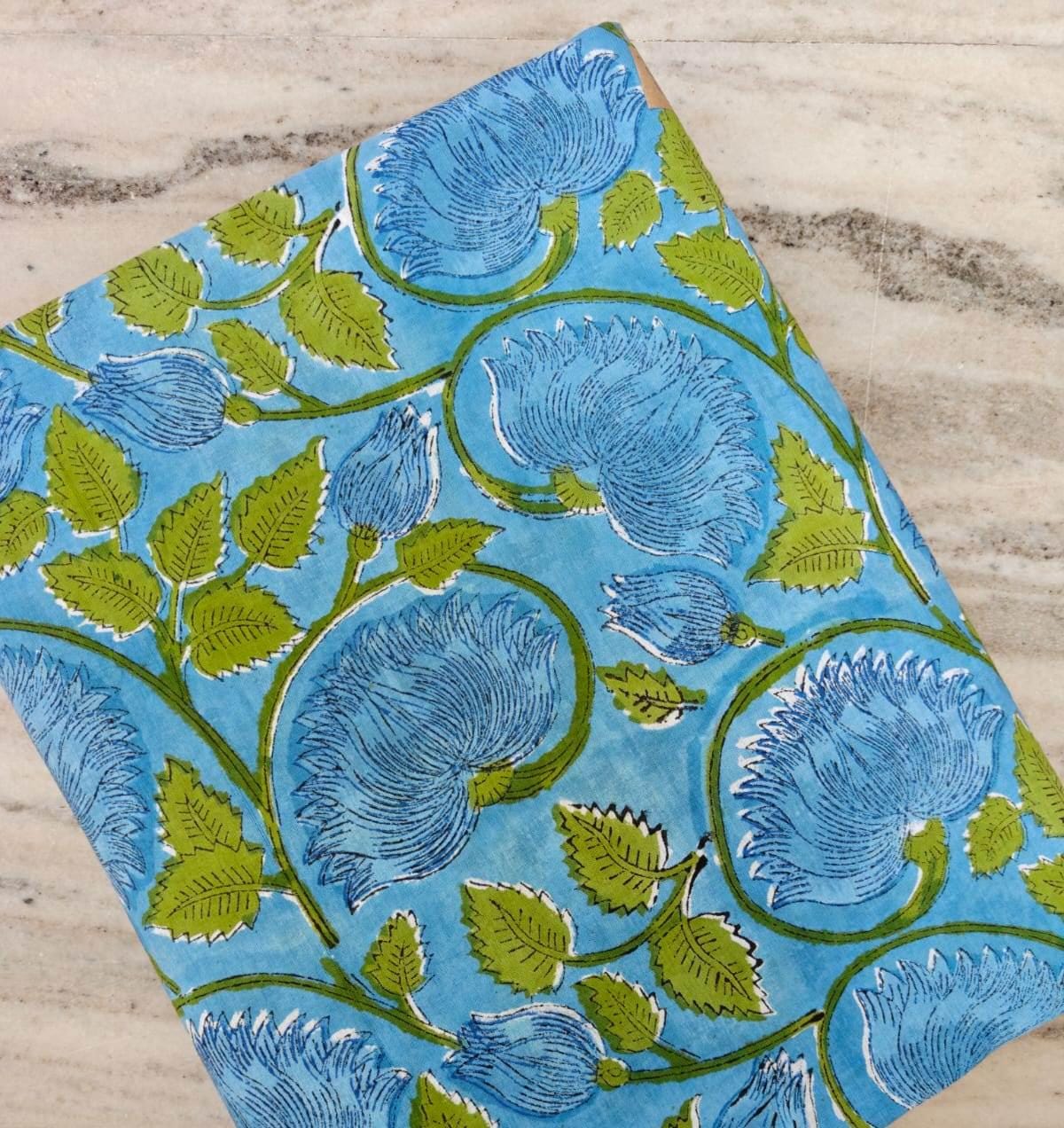 Blue Floral Cotton Fabric by the Yard, Hand Block Print Fabric, Indian Cotton Textile, Botanical Vine Print Quilting Dressmaking Fabric