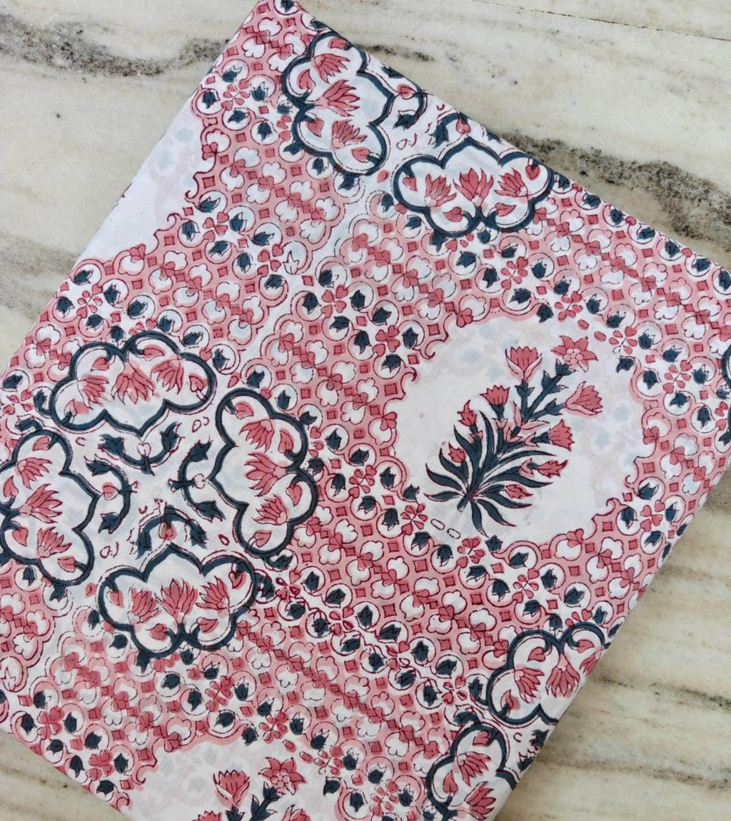 Pink Floral Cotton Fabric, Indian Block Print Style, Vintage Medallion Botanical Fabric, Quilting Sewing Fabric By The Yard, Running Fabric