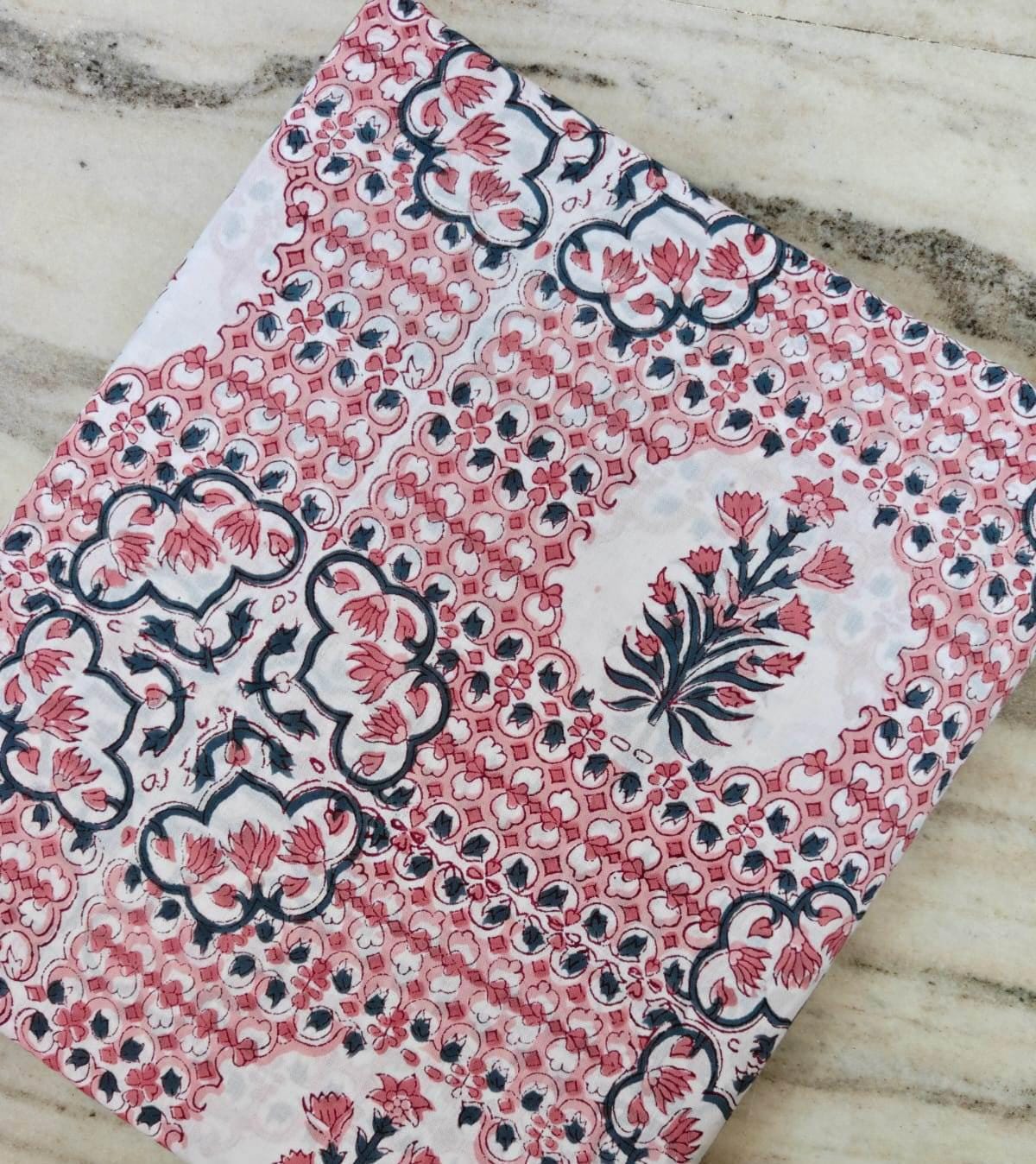 Pink Floral Cotton Fabric, Indian Block Print Style, Vintage Medallion Botanical Fabric, Quilting Sewing Fabric By The Yard, Running Fabric
