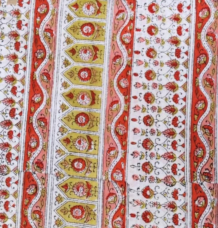 Pink Floral Cotton Fabric by the Yard, Hand Block Print Fabric, Quilting, Sewing, Dressmaking, Craft, Multi Color Fabric, Textile Fabric