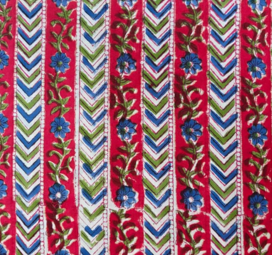 Red Chevron Floral Cotton Fabric, Indian Block Print Fabric, Blue Flower Stripe Cotton Fabric, Dressmaking Fabric, Fabric by the Yard