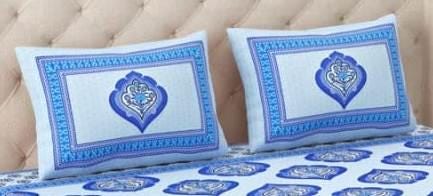 Designer White Base and Blue Color Flower Printed Cotton Bedsheet, Handmade Designer Bedsheet with 2 Pillowcases, Queen Size Double Bedsheet
