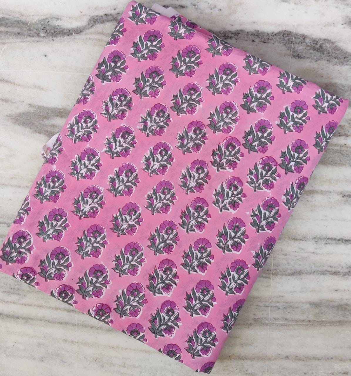 Pink Floral Cotton Fabric by the Yard, Purple Flower Block Print Fabric, Sewing, Quilting, Dressmaking, Craft Fabric, Loose Running Fabric