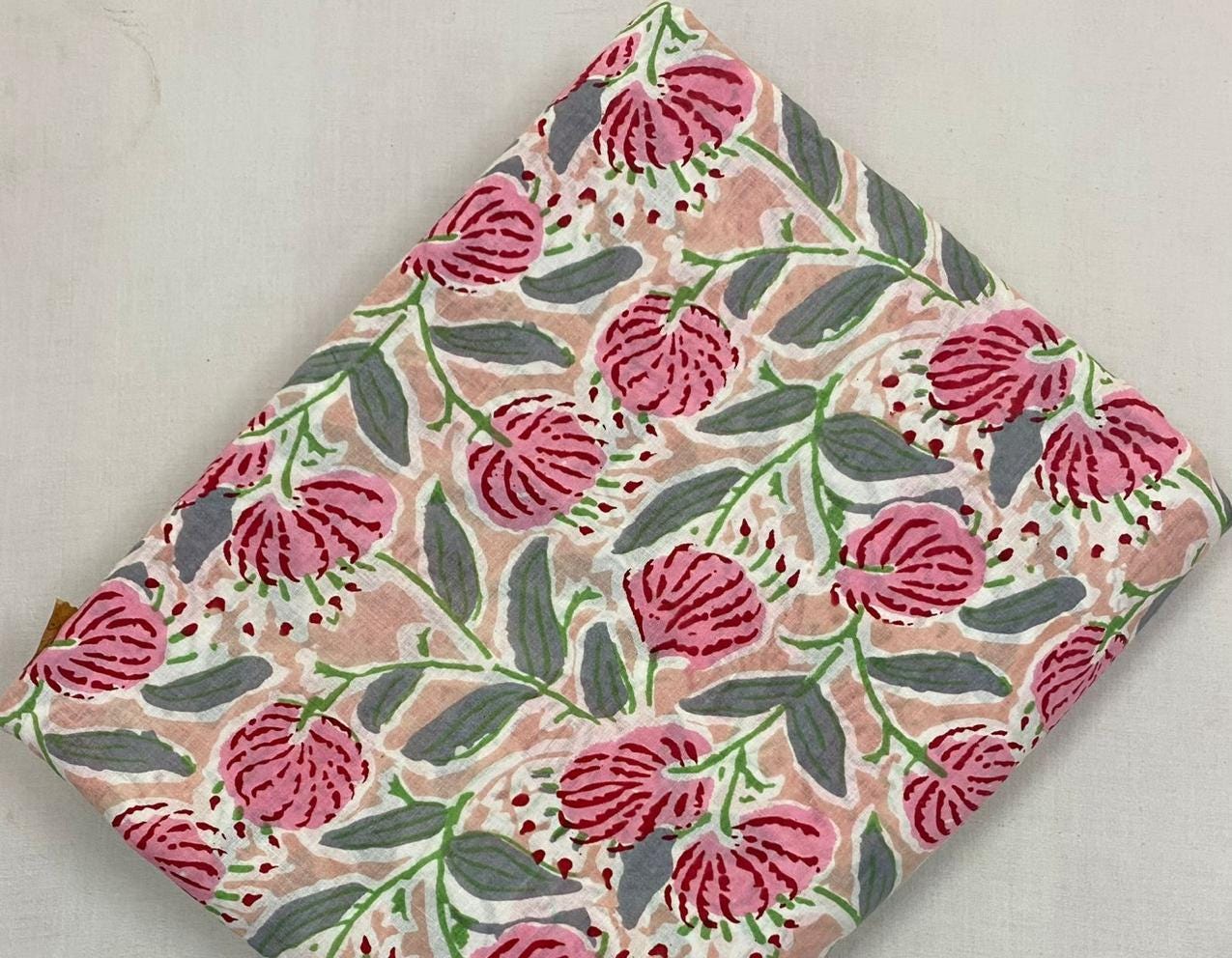 Pink Floral Cotton Fabric, Hand Block Print Fabric, Indian Cotton Fabric by Yard, Flower Print Fabric, Quilting Fabric, Soft Cotton Textile