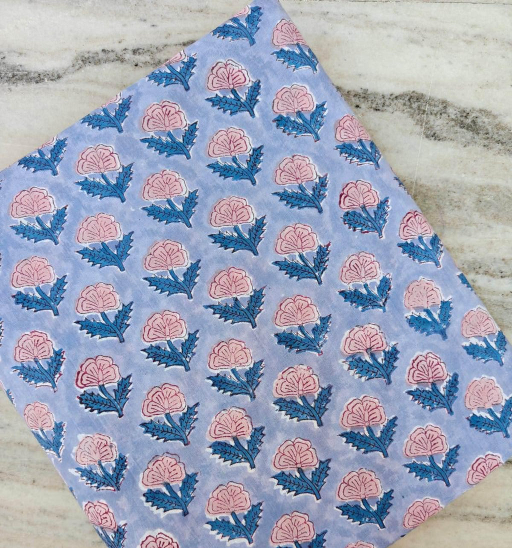 Blue Floral Cotton Fabric, Hand Block Print Fabric, Small Floral Print Fabric, Quilting Fabric, Dressmaking Fabric, Craft Sewing Fabric