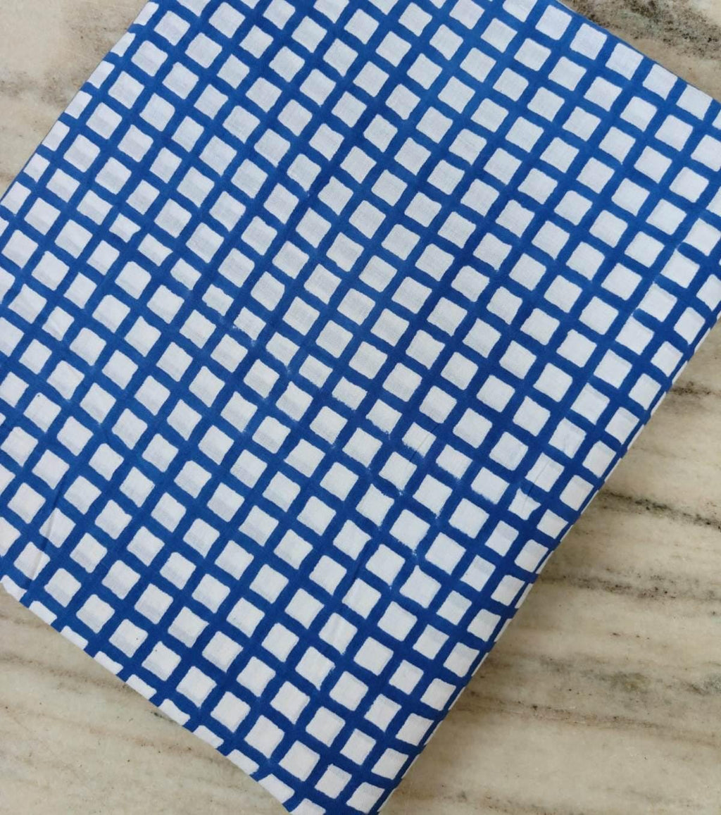 Blue White Check Cotton Fabric, Geometric Grid Print Fabric, Hand Block Print Cotton, Modern Minimal Fabric, Quilting Sewing Craft Fabric