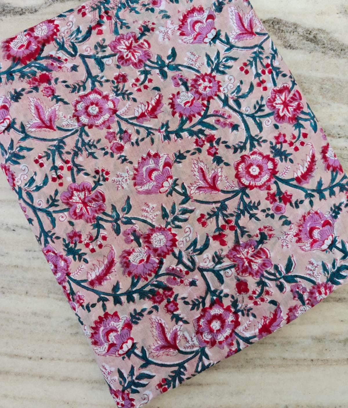Blush Pink Floral Cotton Fabric, Vintage Style Flower Print Fabric, Teal Vine Botanical Fabric by Yard, Sewing Craft Dressmaking Fabric
