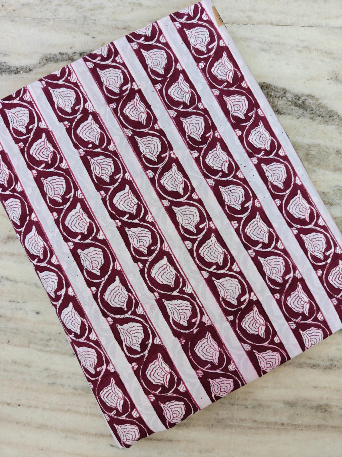 Hand Block Print Cotton Fabric, Burgundy Floral Stripe Fabric, Indian Cotton Textile, Maroon White Print, Soft Lightweight Fabric by Yard