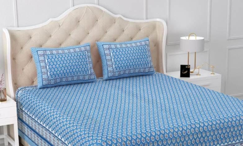 Blue Hand Block Print Cotton Bedsheet with Pillow Covers, Queen Size Bedding Set, Floral Indian Bedspread, Soft Breathable Summer Sheet