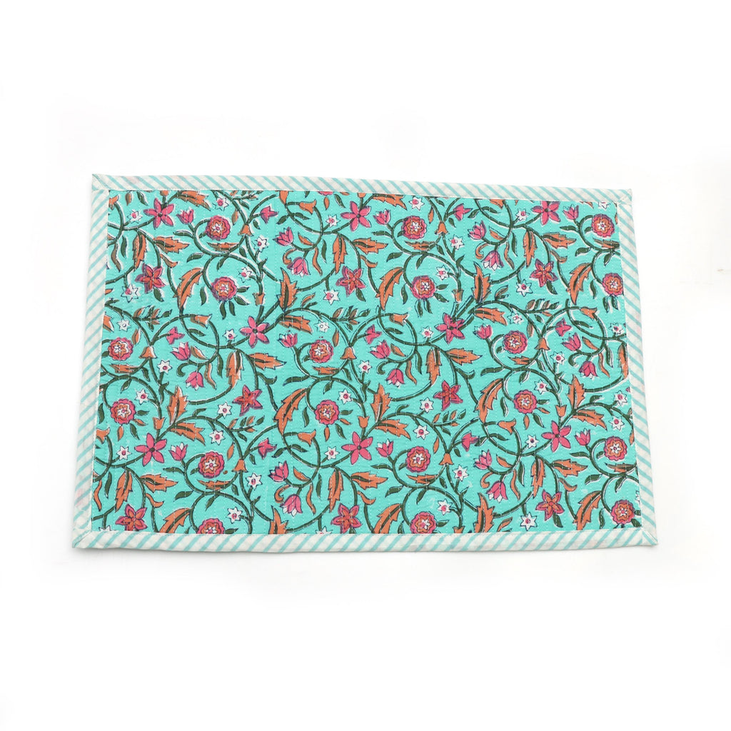 Teal Block Print Table Mat, Indian Style Table Linen, Handmade Floral Cotton Placemat, Indian Style Table Linen, colorful table mat, Gifts