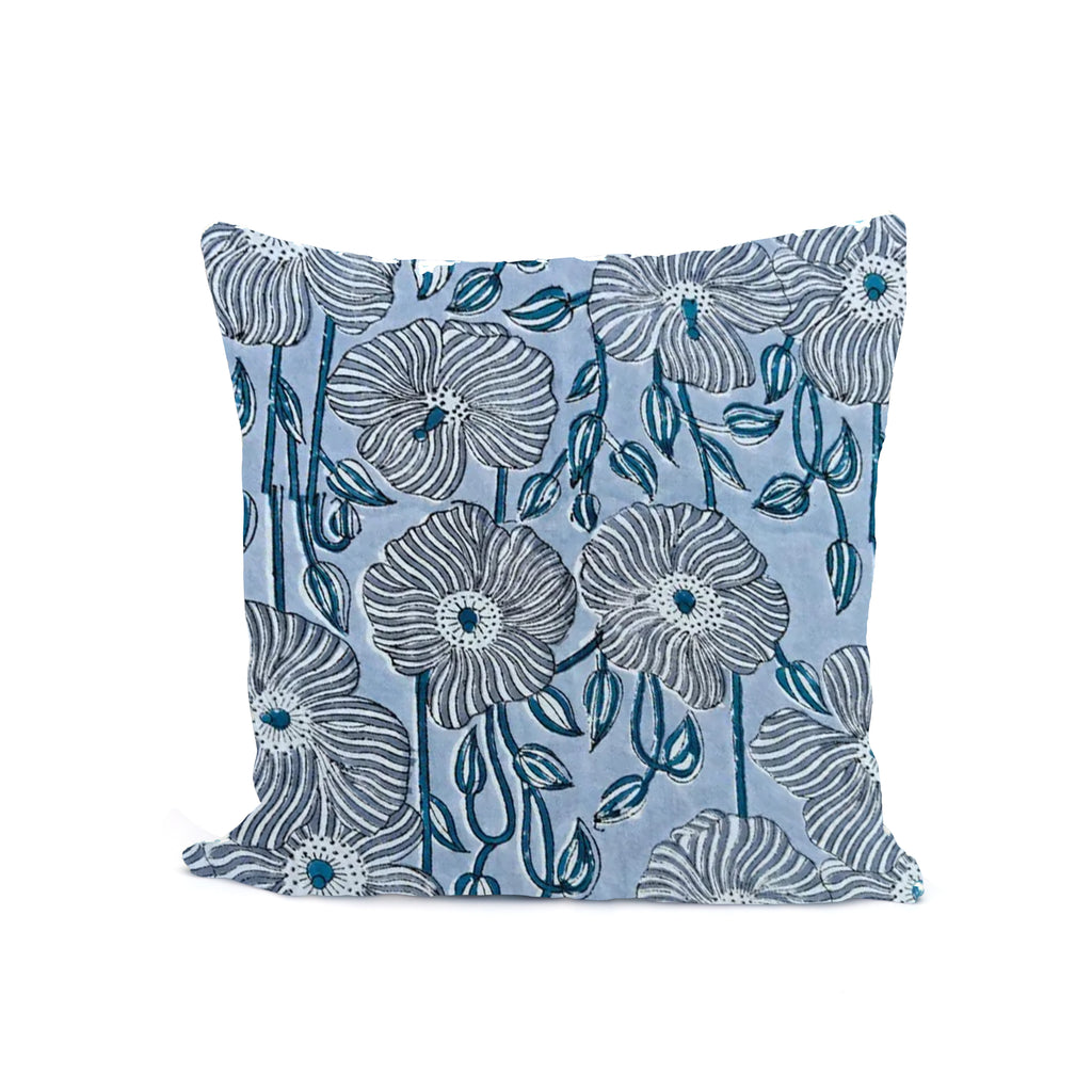 Blue Floral Cotton Cushion Cover, Handblock Print Pillow Cover, Decorative Throw Pillow Case, Boho Sofa Cushion, Indian Handmade Home Decor