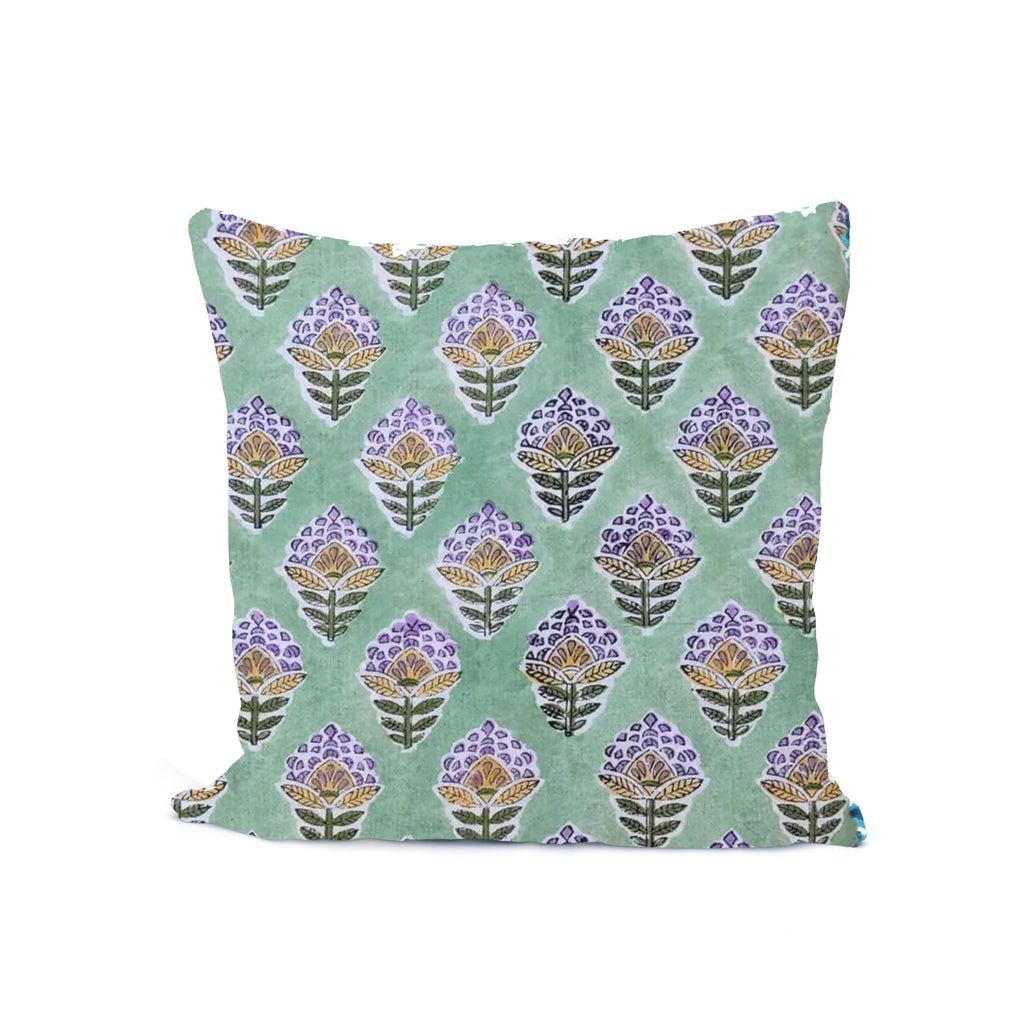 Hand Block Print Cushion Cover – Mint Green Floral Motif Cotton Pillow Cover | Boho Decorative Throw Pillow Case