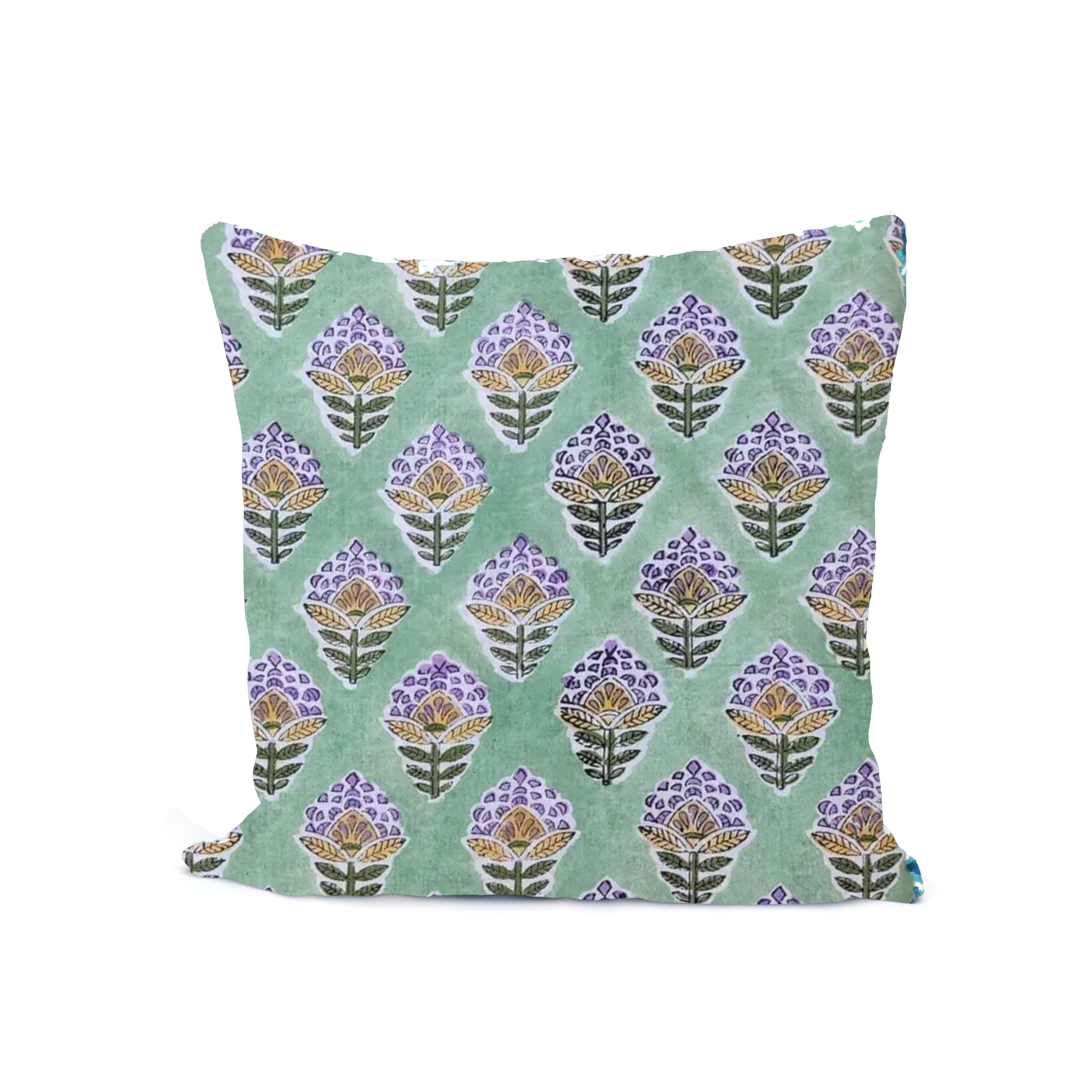 Hand Block Print Cushion Cover – Mint Green Floral Motif Cotton Pillow Cover | Boho Decorative Throw Pillow Case