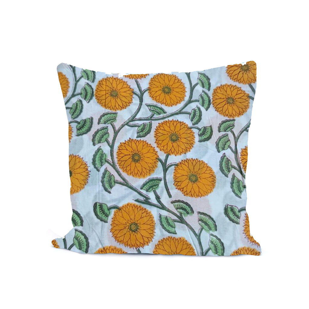 Yellow Floral Hand Block Print Cushion Cover, Cotton Throw Pillow Case, Indian Handmade Decorative Pillow, Boho Sofa Cushion