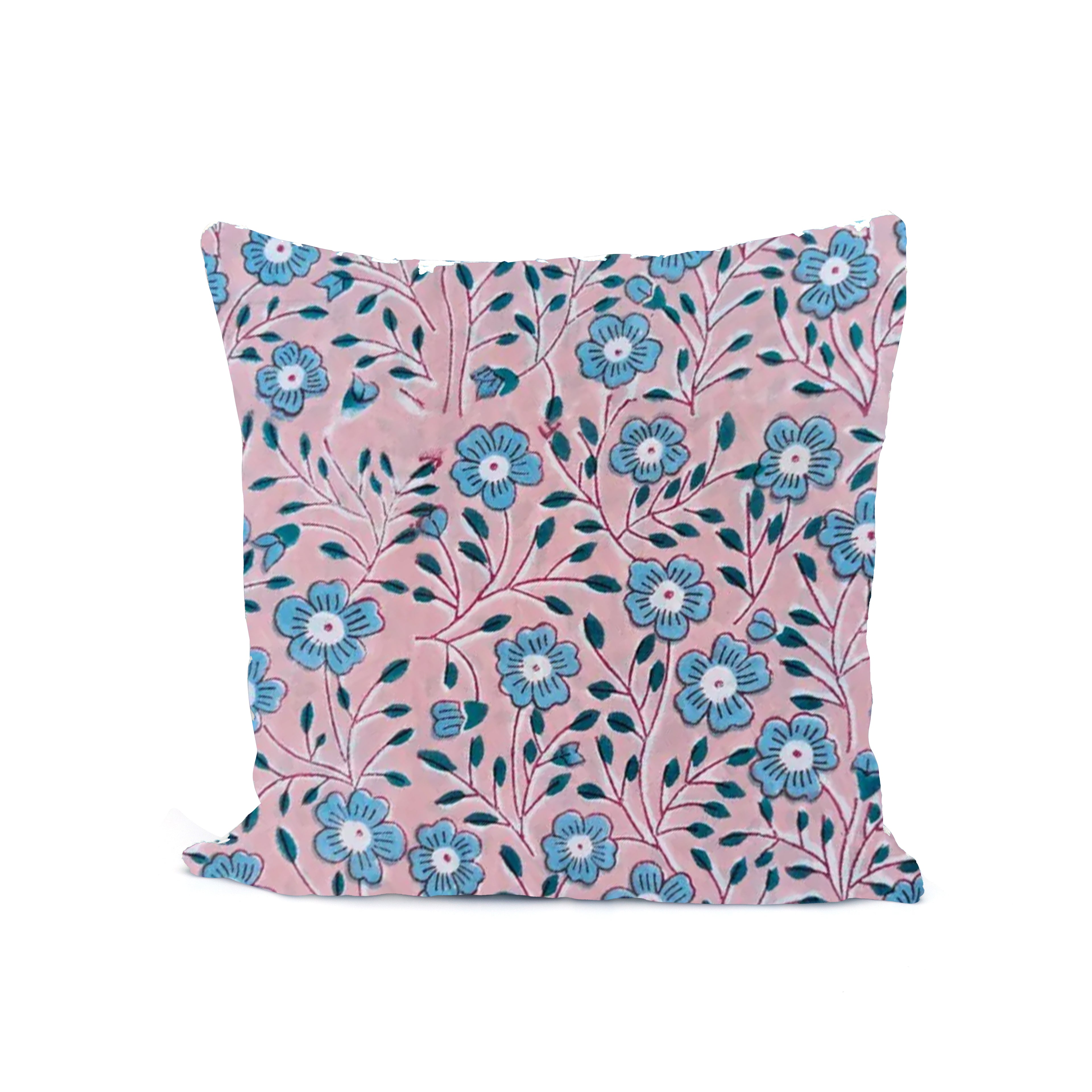 Pink Floral Hand Block Print Cushion Cover, Blue Flower Cotton Pillow Case, Handmade Indian Decorative Throw Pillow, Boho Home Decor