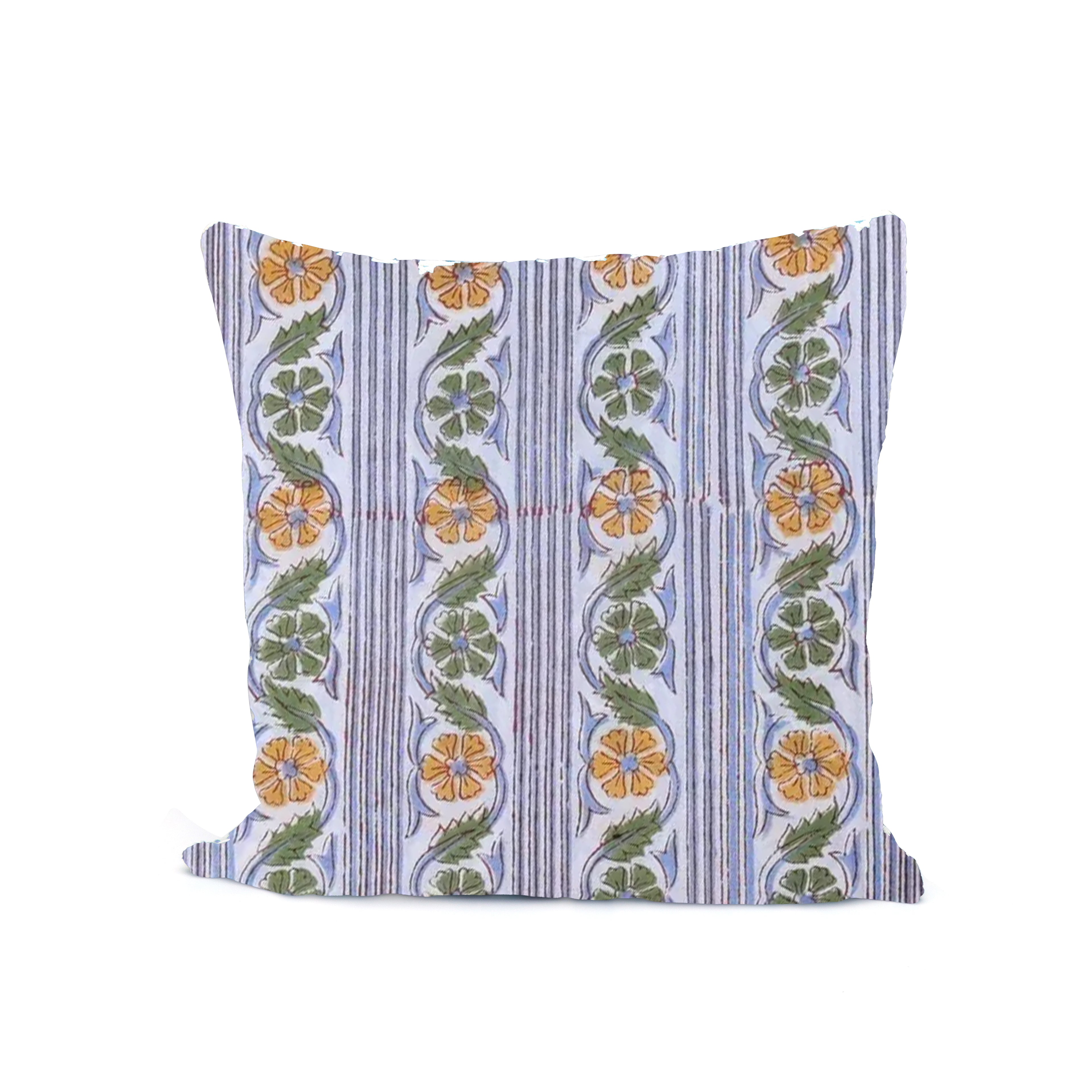 Striped Floral Cushion Cover | Blue & White with Yellow Botanical Print Pillow Case | Botanical White & Blue Decorative Pillow Case | Elegant Vintage Style Throw Pillow Cover