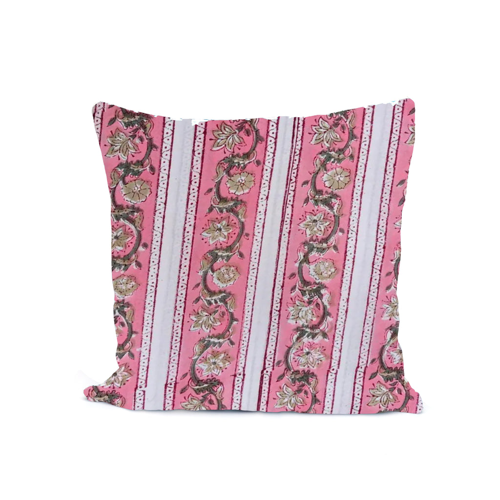 Pink Floral Stripe Cotton Cushion Cover, Handblock Print Pillow Cover, Boho Throw Pillow Case, Vintage Style Sofa Cushion, Indian Handmade Home Decor