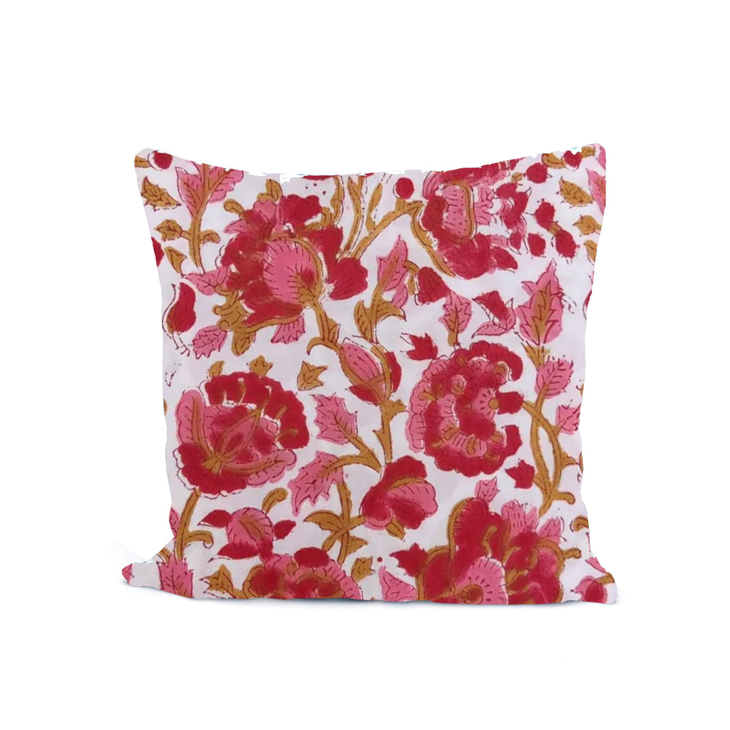 Red Floral Block Print Cushion Cover – Handcrafted Botanical Throw Pillow Cover, Vintage Indian Style Home Decor