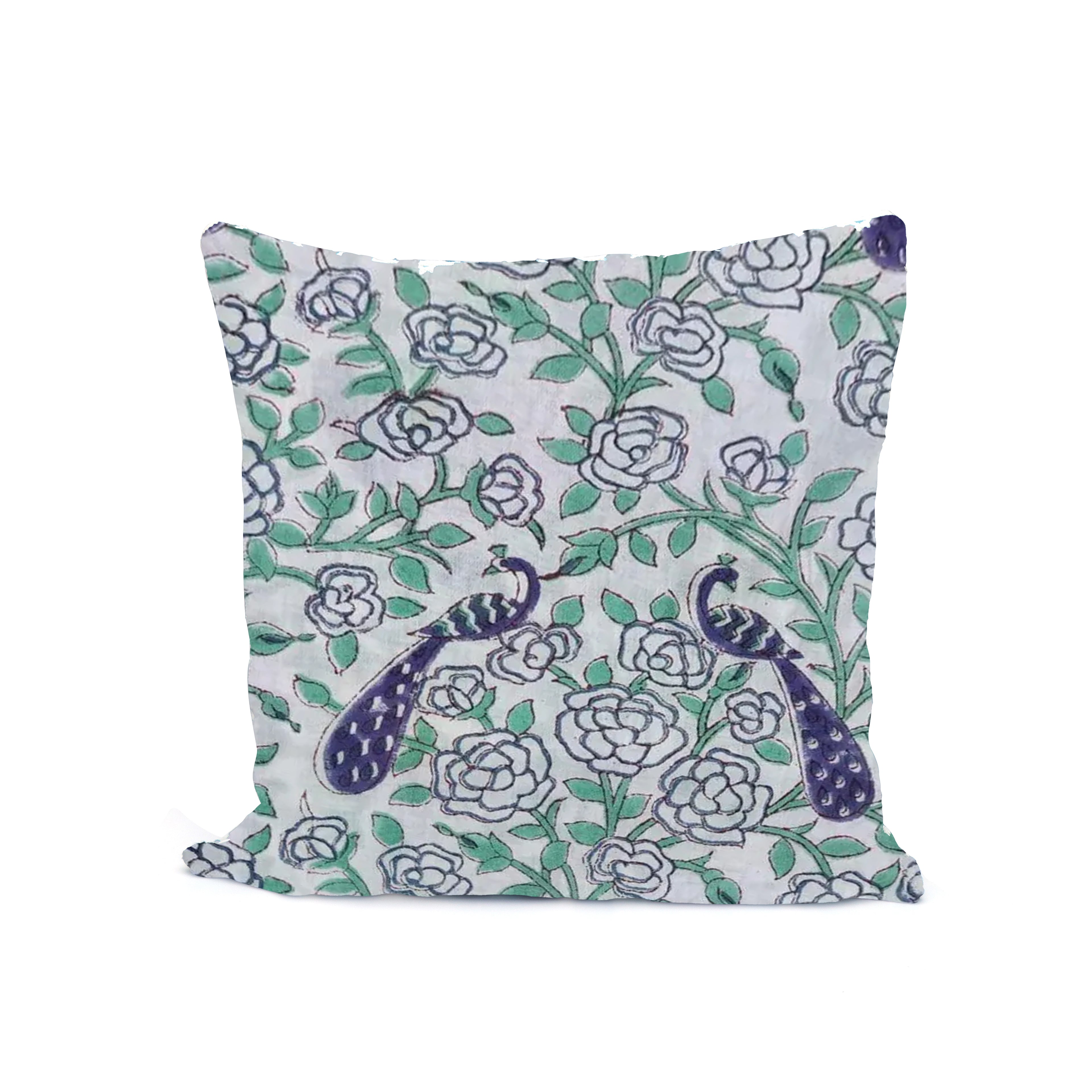 Peacock Floral Hand Block Print Cushion Cover, Cotton Decorative Pillow Case, Indian Handmade Boho Throw Pillow, Sofa Cushion