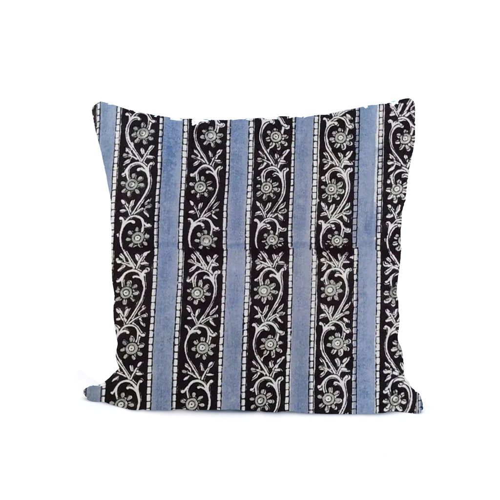 Hand Block Print Cushion Cover – Black & Blue Striped Floral Cotton Pillow Cover | Boho Decorative Throw Pillow Case