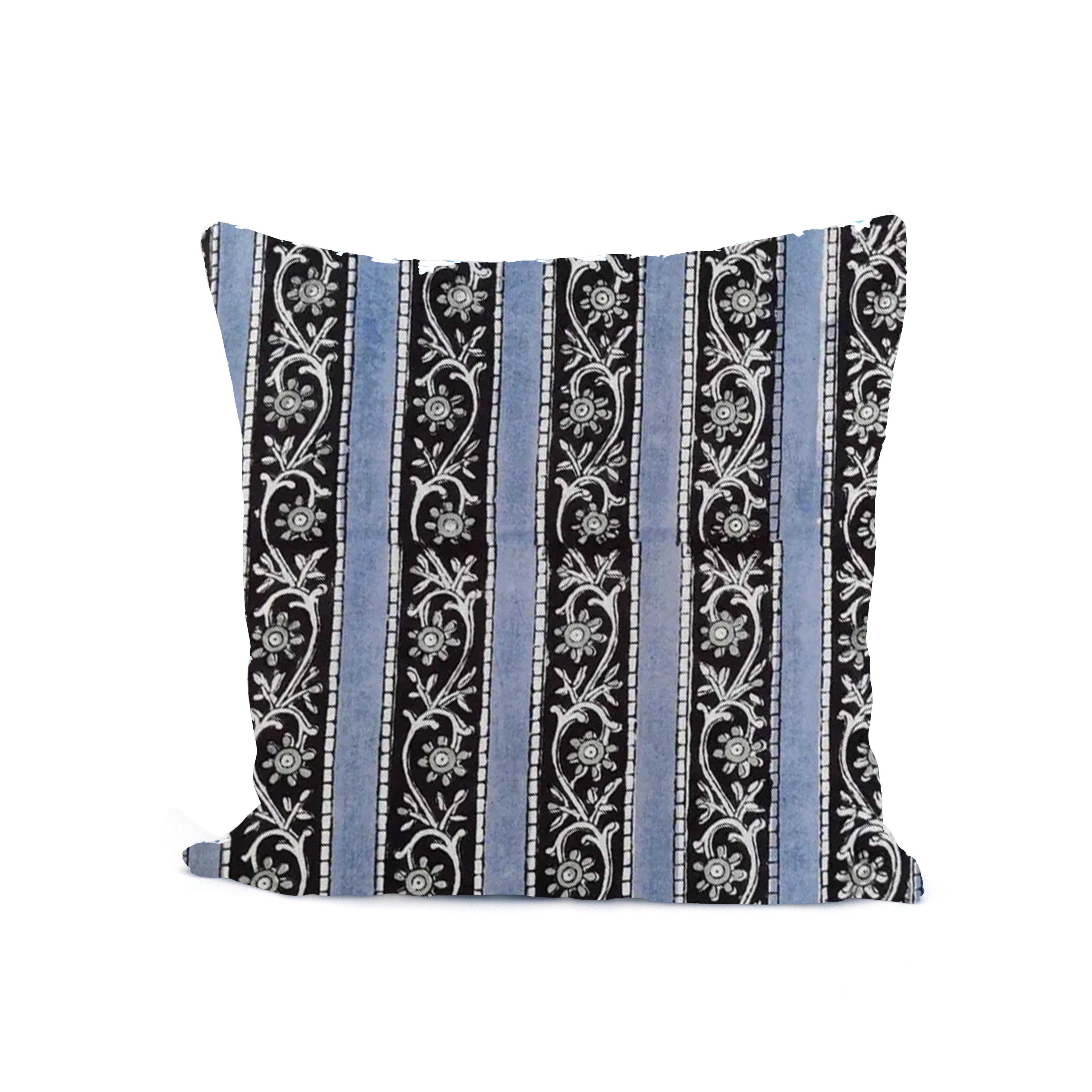 Hand Block Print Cushion Cover – Black & Blue Striped Floral Cotton Pillow Cover | Boho Decorative Throw Pillow Case