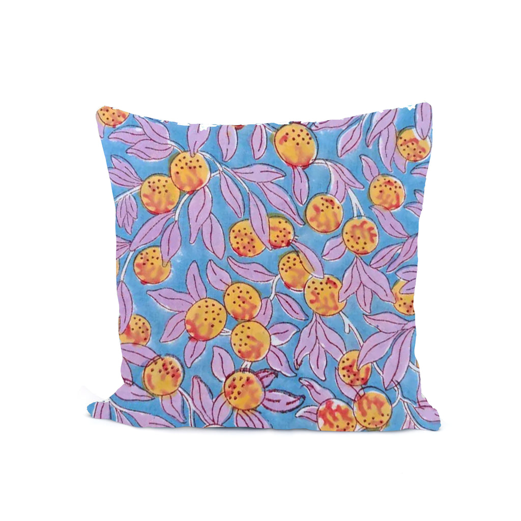 Tropical Citrus Cushion Cover – Blue Orange Fruit Print Throw Pillow Cover, Botanical Summer Decor