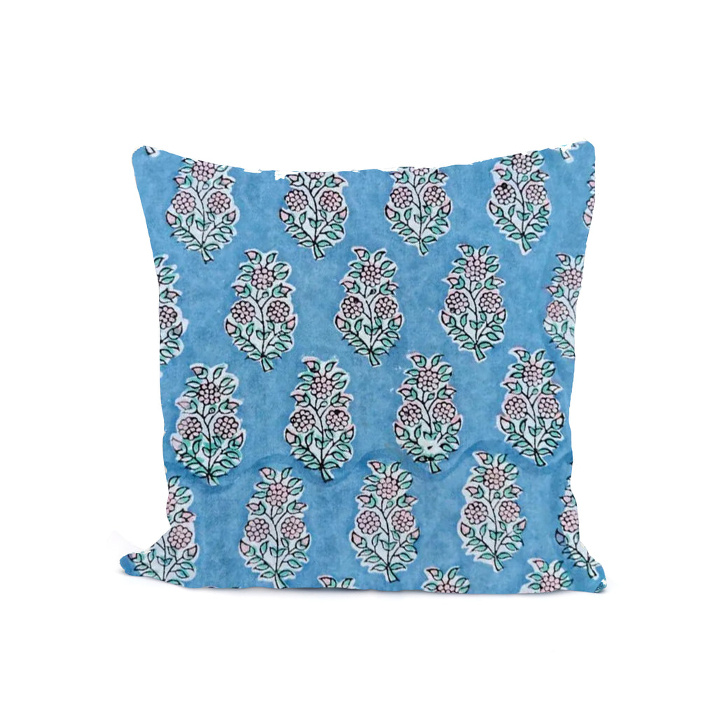 Blue Hand Block Print Cushion Cover, Floral Cotton Pillow Case, Indian Handmade Throw Pillow, Boho Decorative Sofa Cushion