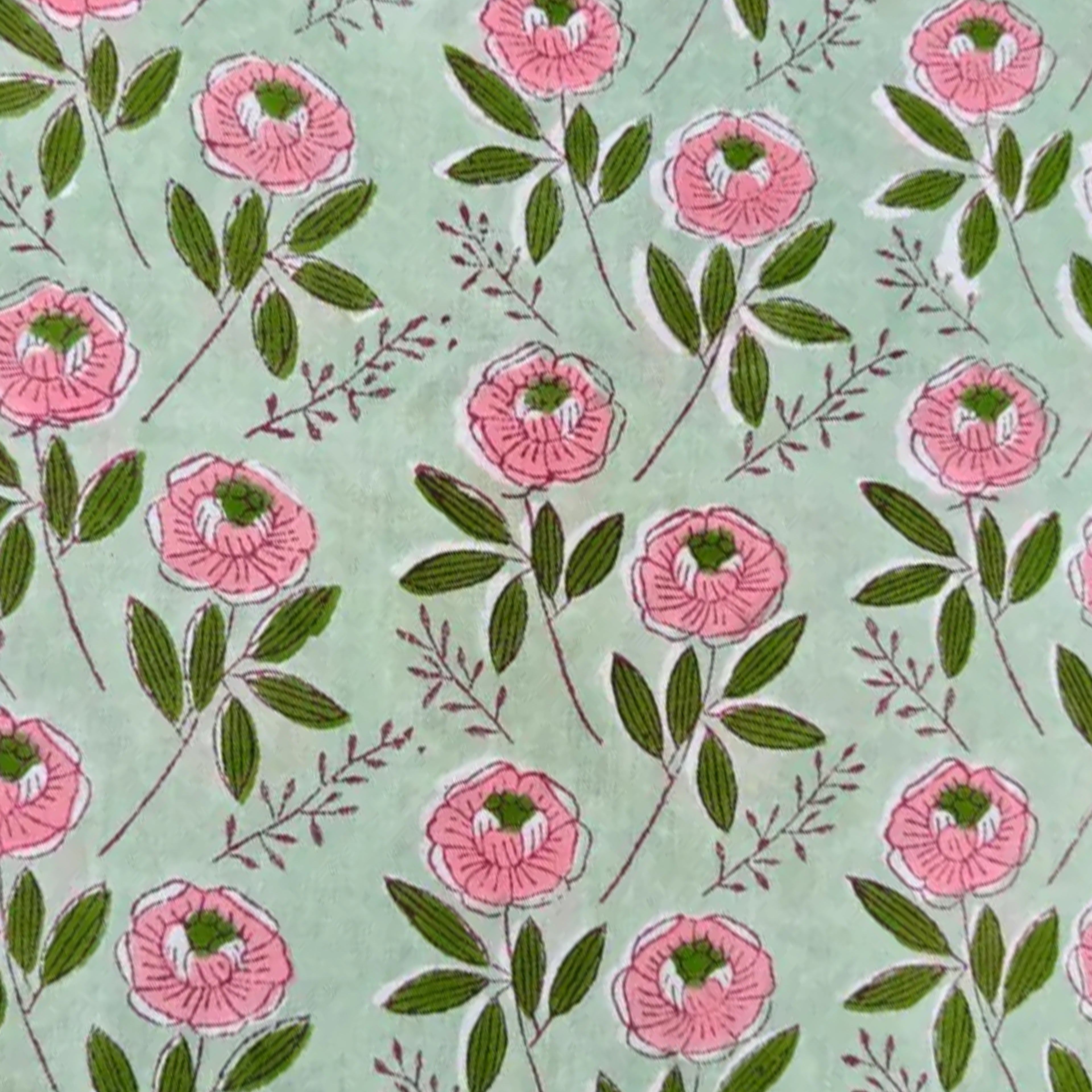 Hand Block Print Cushion Cover – Mint Green & Pink Floral Cotton Pillow Cover | Boho Decorative Throw Pillow Case