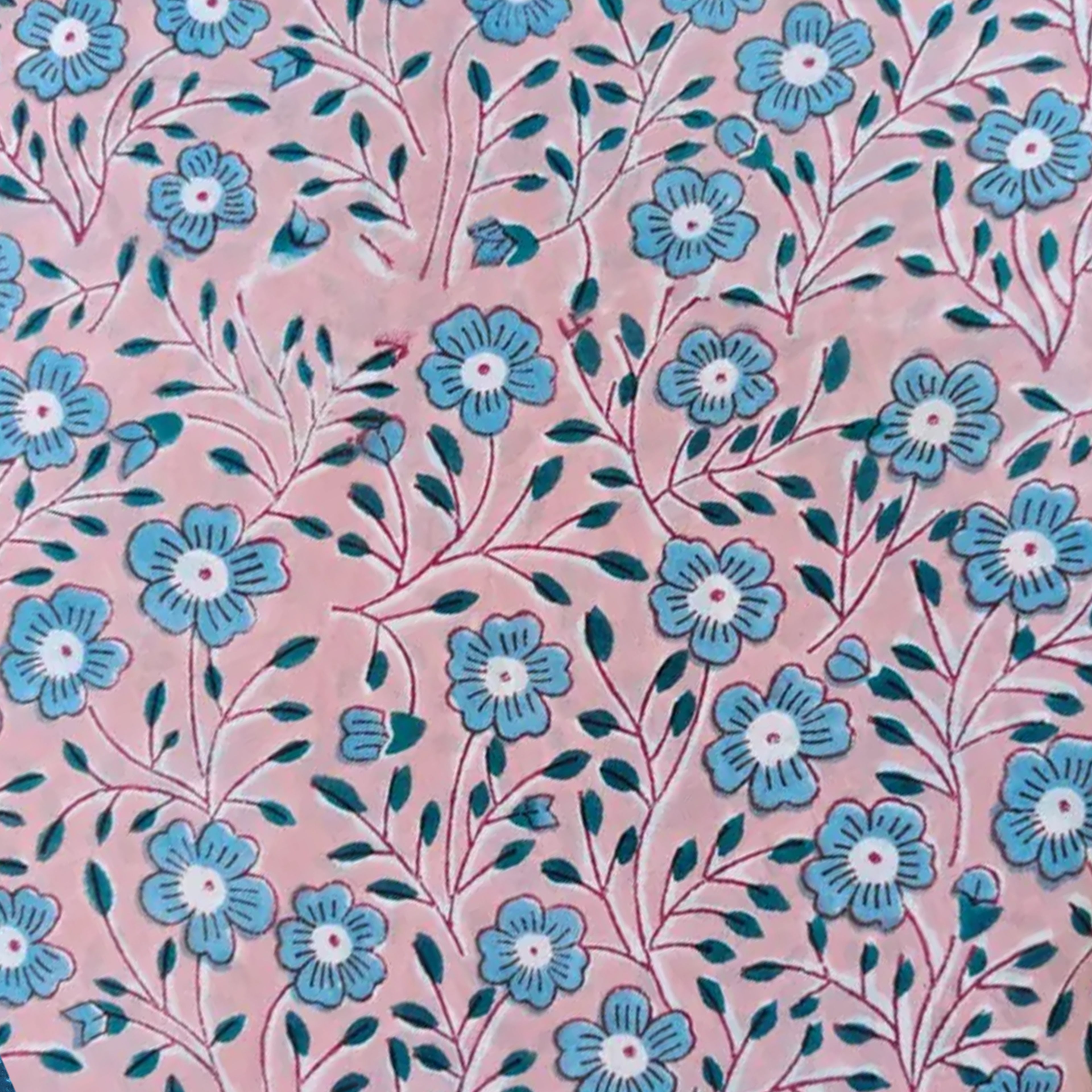 Pink Floral Hand Block Print Cushion Cover, Blue Flower Cotton Pillow Case, Handmade Indian Decorative Throw Pillow, Boho Home Decor