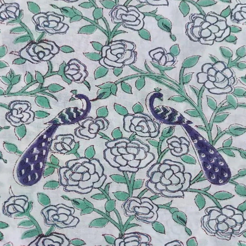 Peacock Floral Hand Block Print Cushion Cover, Cotton Decorative Pillow Case, Indian Handmade Boho Throw Pillow, Sofa Cushion