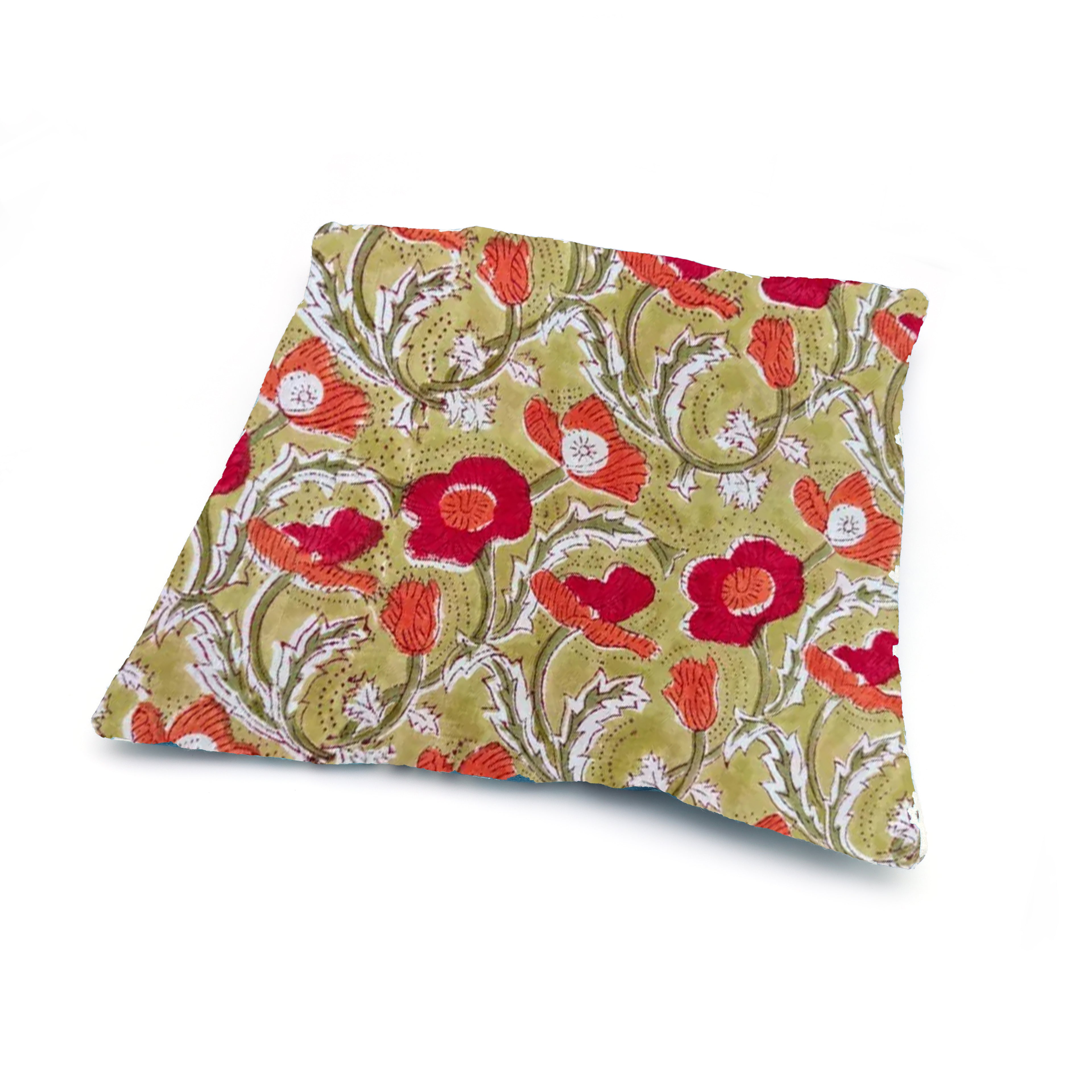 Handcrafted Olive Green Floral Cushion Cover – Vintage Botanical Red & Orange Throw Pillow Case