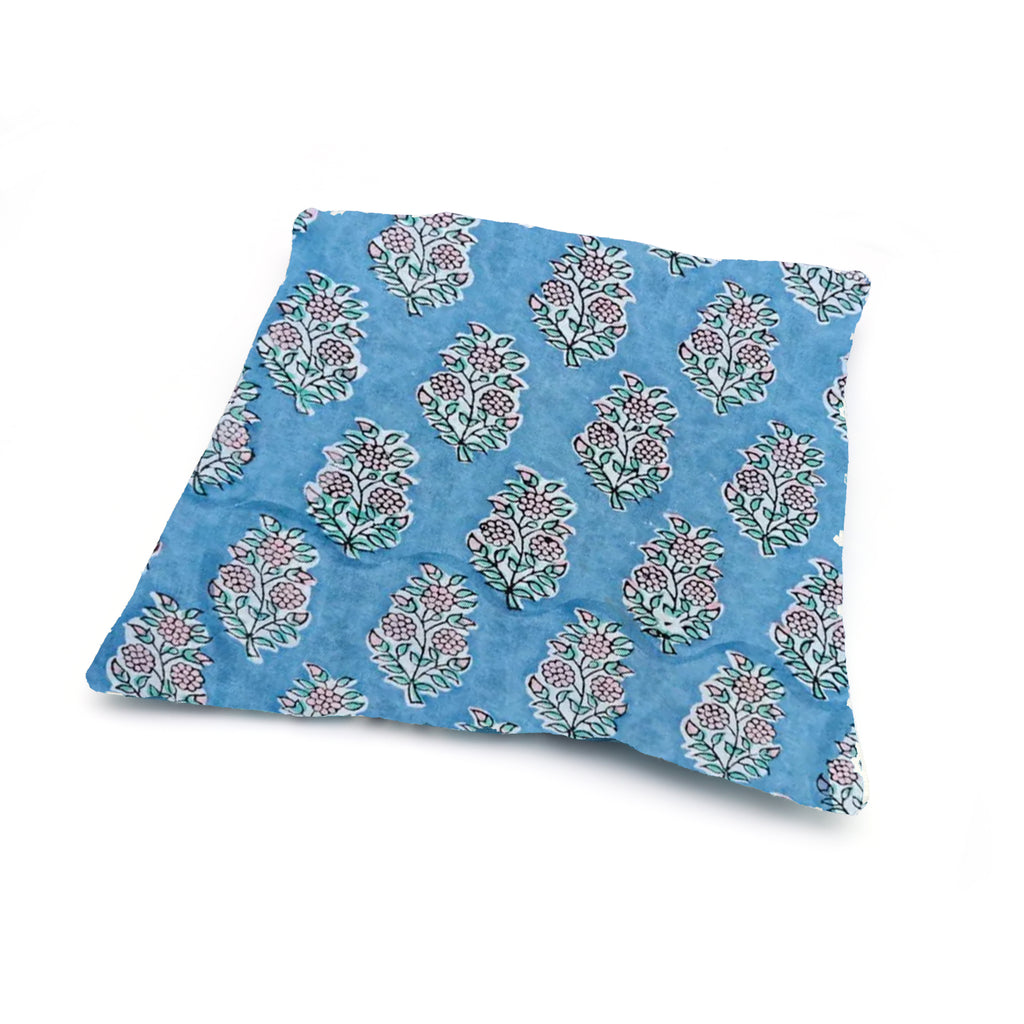 Blue Hand Block Print Cushion Cover, Floral Cotton Pillow Case, Indian Handmade Throw Pillow, Boho Decorative Sofa Cushion