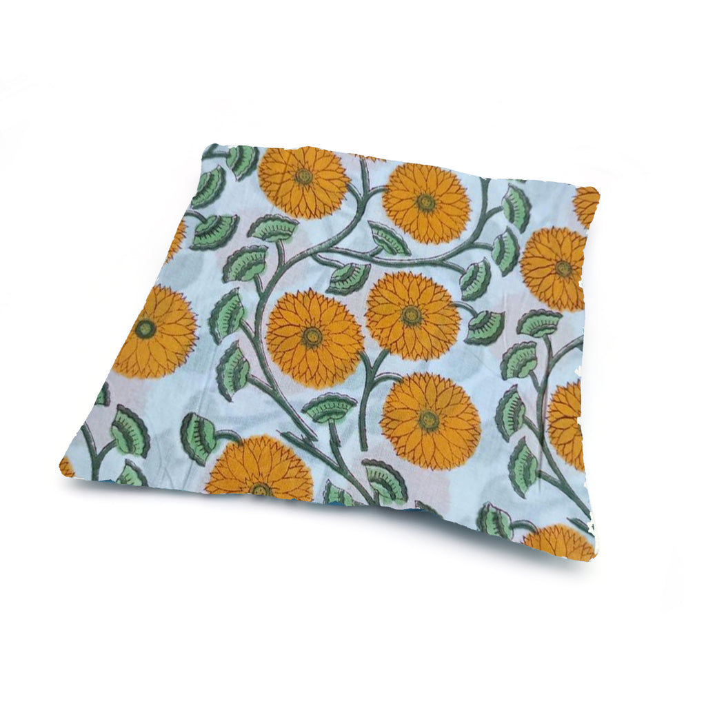 Yellow Floral Hand Block Print Cushion Cover, Cotton Throw Pillow Case, Indian Handmade Decorative Pillow, Boho Sofa Cushion