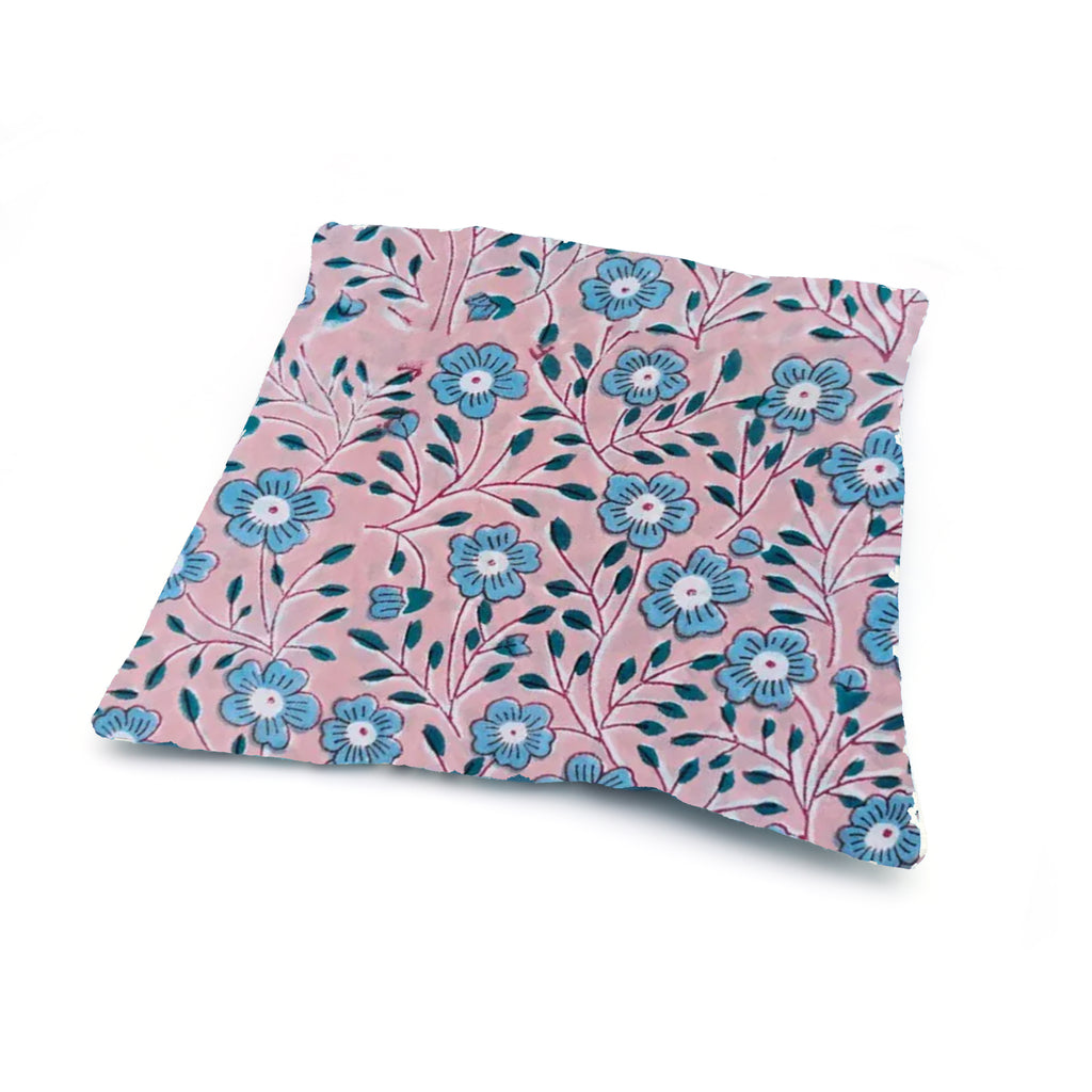 Pink Floral Hand Block Print Cushion Cover, Blue Flower Cotton Pillow Case, Handmade Indian Decorative Throw Pillow, Boho Home Decor