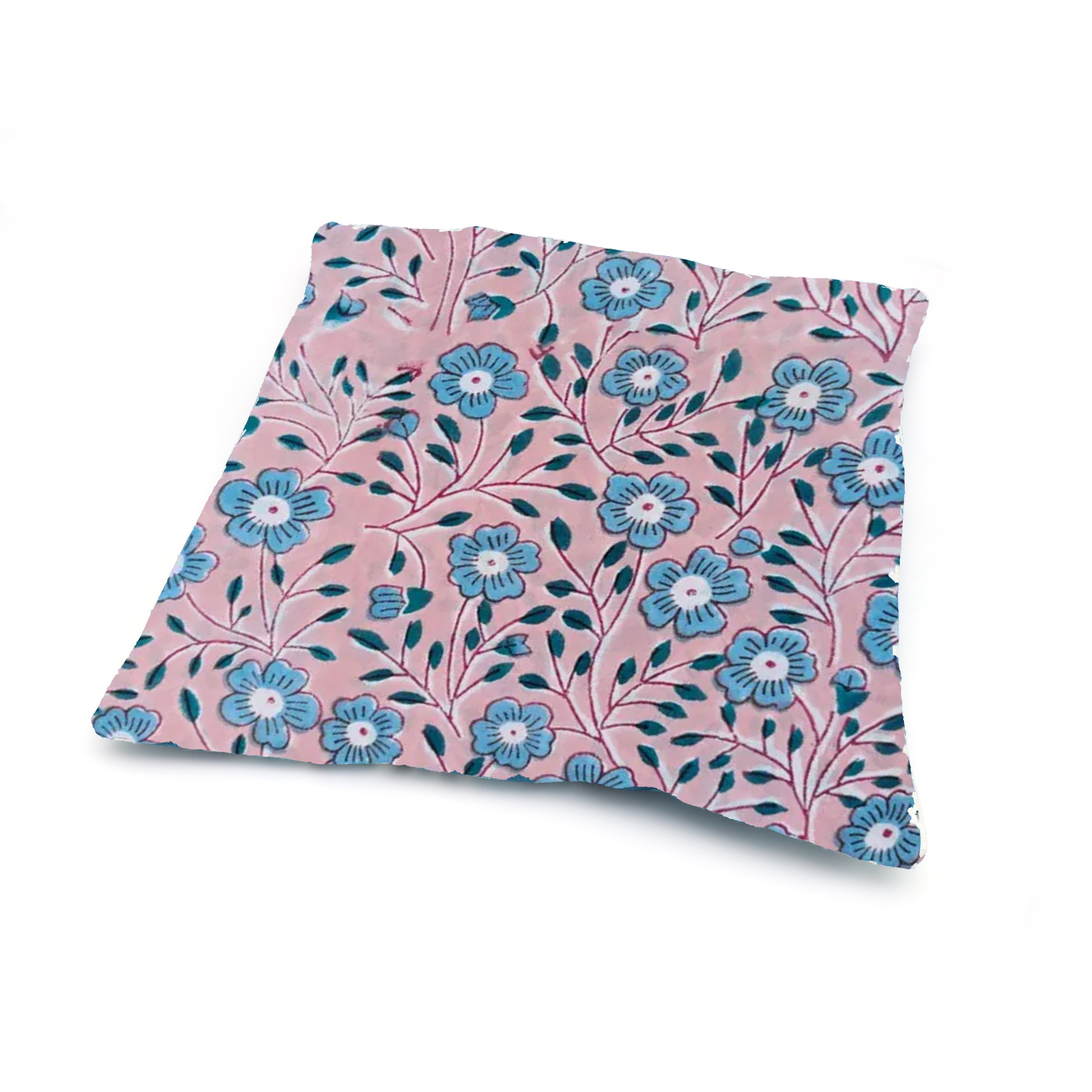 Pink Floral Hand Block Print Cushion Cover, Blue Flower Cotton Pillow Case, Handmade Indian Decorative Throw Pillow, Boho Home Decor