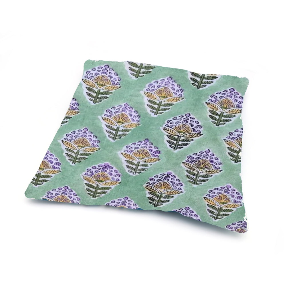 Hand Block Print Cushion Cover – Mint Green Floral Motif Cotton Pillow Cover | Boho Decorative Throw Pillow Case