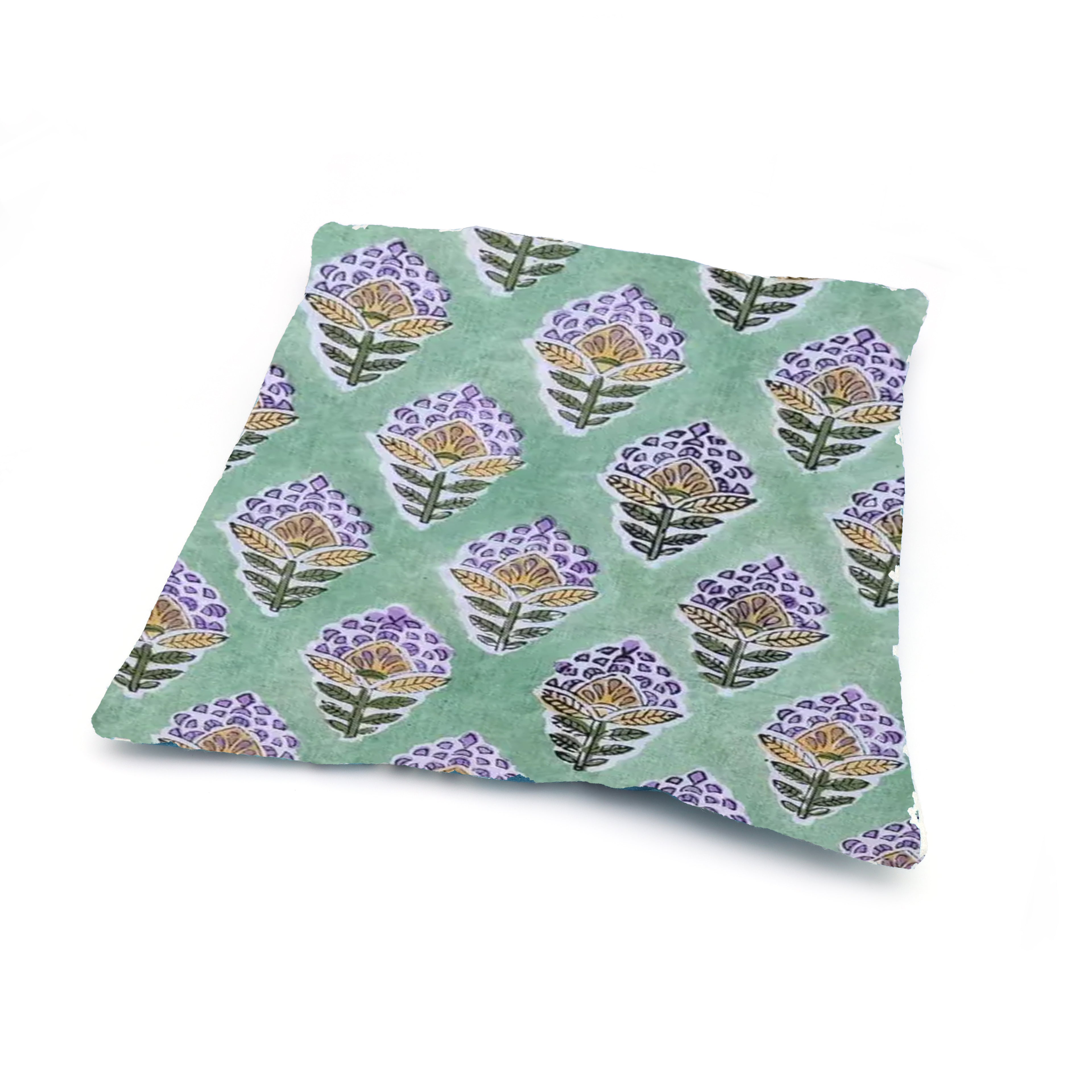 Hand Block Print Cushion Cover – Mint Green Floral Motif Cotton Pillow Cover | Boho Decorative Throw Pillow Case