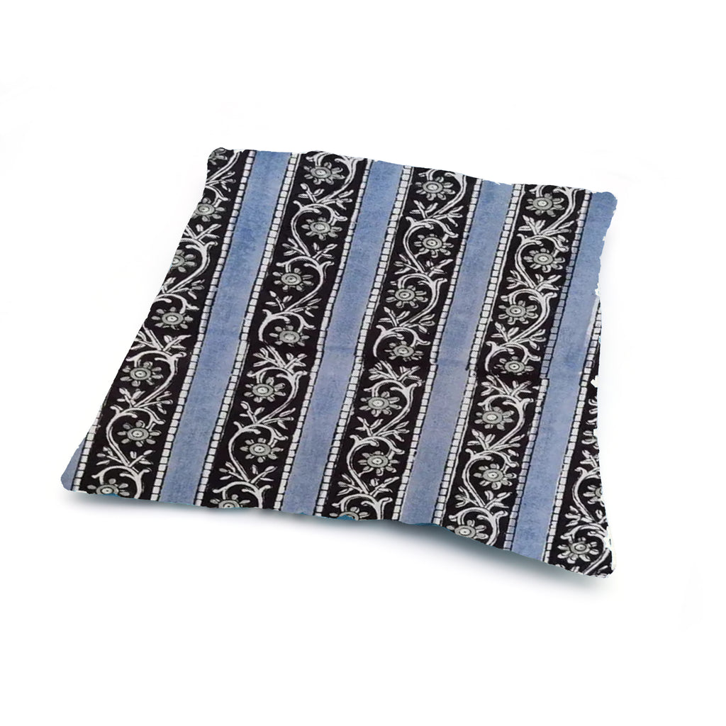Hand Block Print Cushion Cover – Black & Blue Striped Floral Cotton Pillow Cover | Boho Decorative Throw Pillow Case
