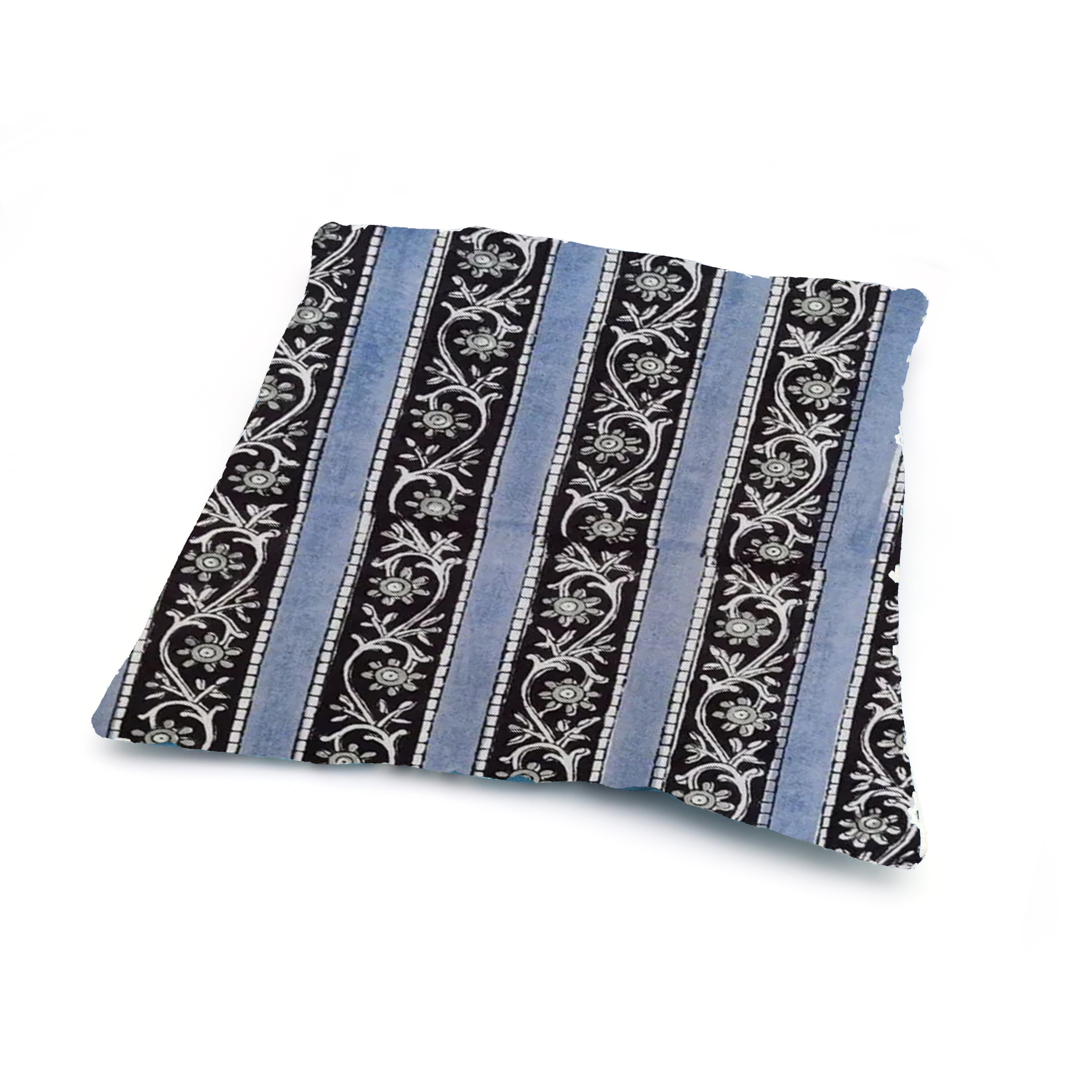 Hand Block Print Cushion Cover – Black & Blue Striped Floral Cotton Pillow Cover | Boho Decorative Throw Pillow Case