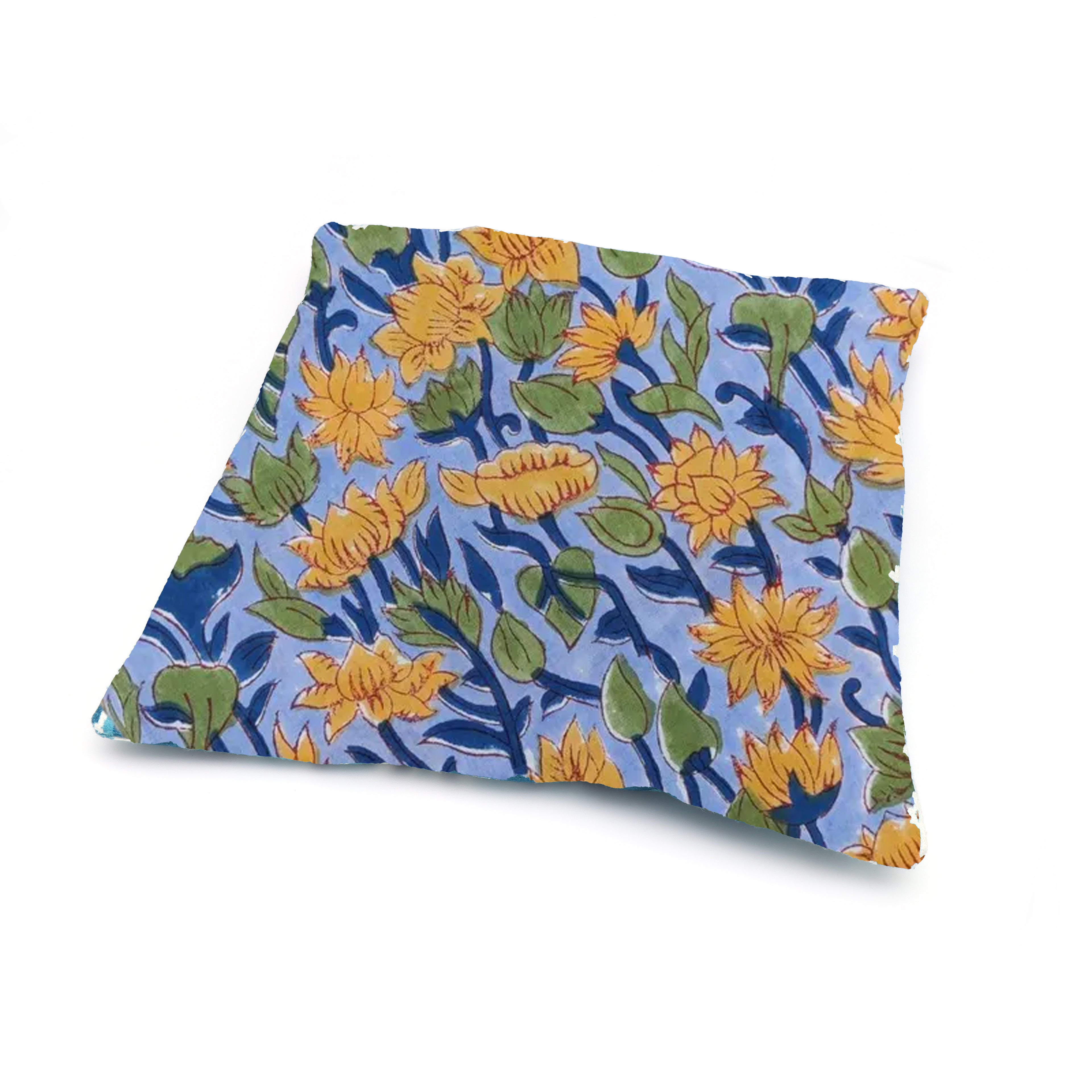 Blue Floral Cushion Cover with Yellow Flowers | Botanical Yellow & Blue Decorative Pillow Case | Elegant Vintage Style Throw Pillow Cover