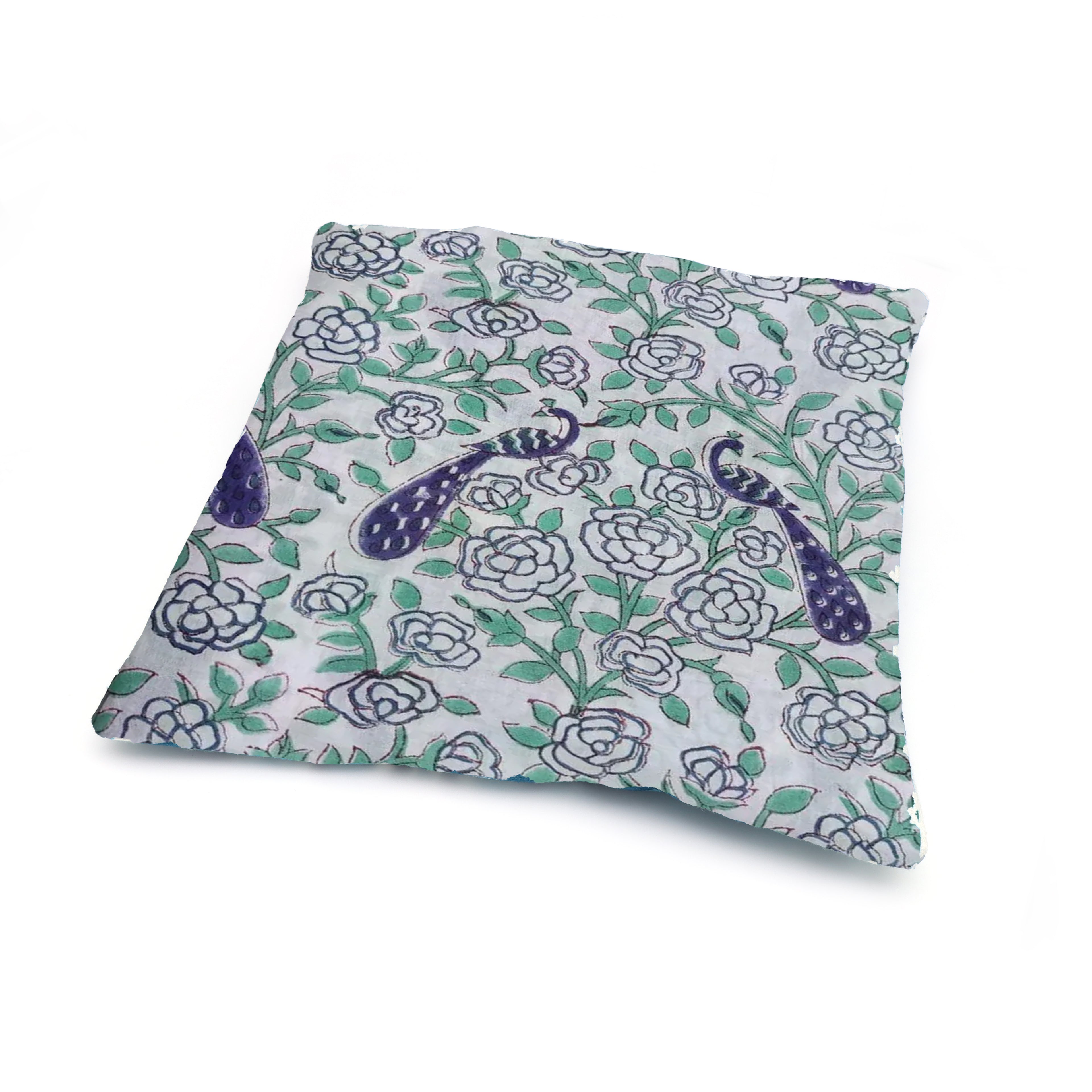 Peacock Floral Hand Block Print Cushion Cover, Cotton Decorative Pillow Case, Indian Handmade Boho Throw Pillow, Sofa Cushion