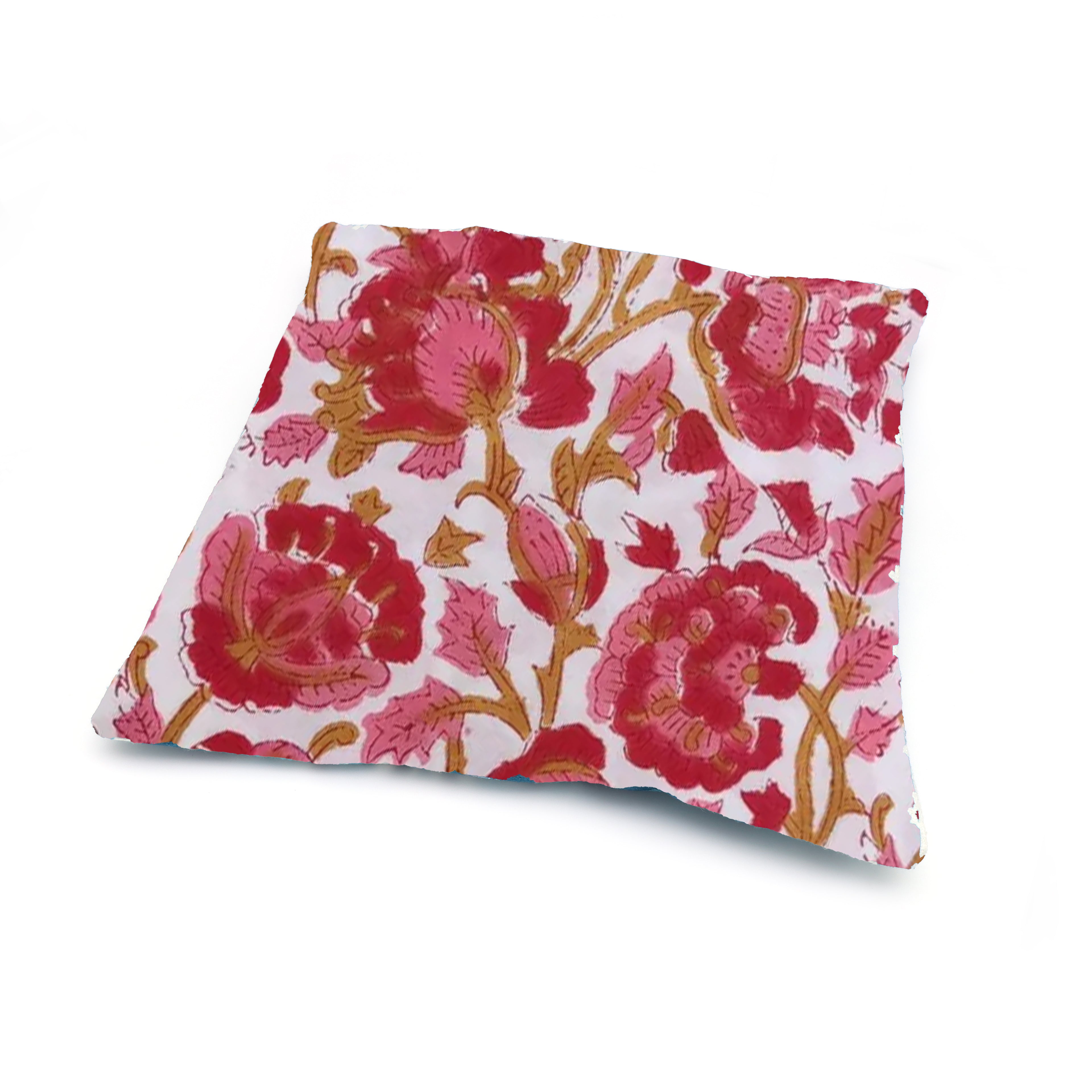Red Floral Block Print Cushion Cover – Handcrafted Botanical Throw Pillow Cover, Vintage Indian Style Home Decor
