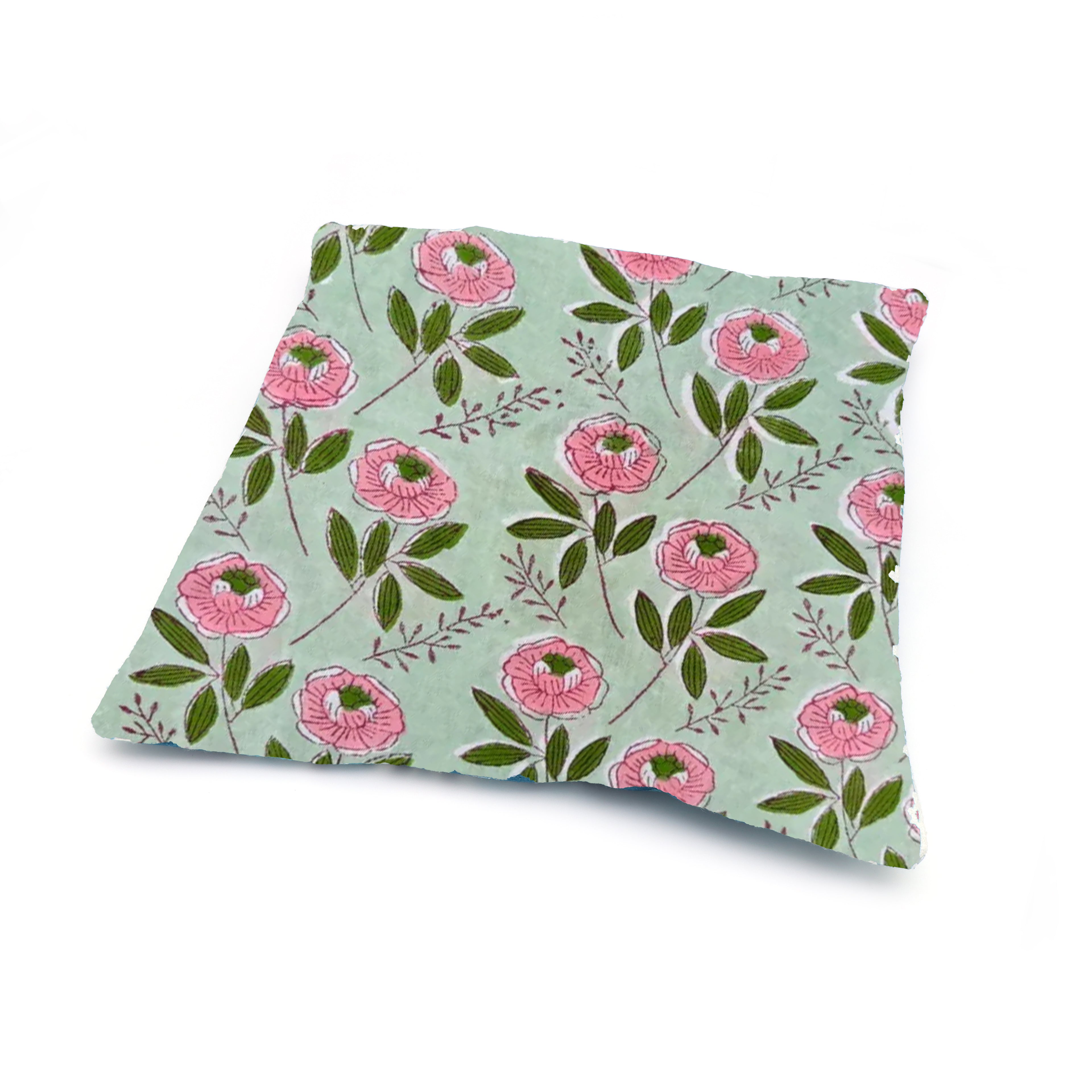 Hand Block Print Cushion Cover – Mint Green & Pink Floral Cotton Pillow Cover | Boho Decorative Throw Pillow Case