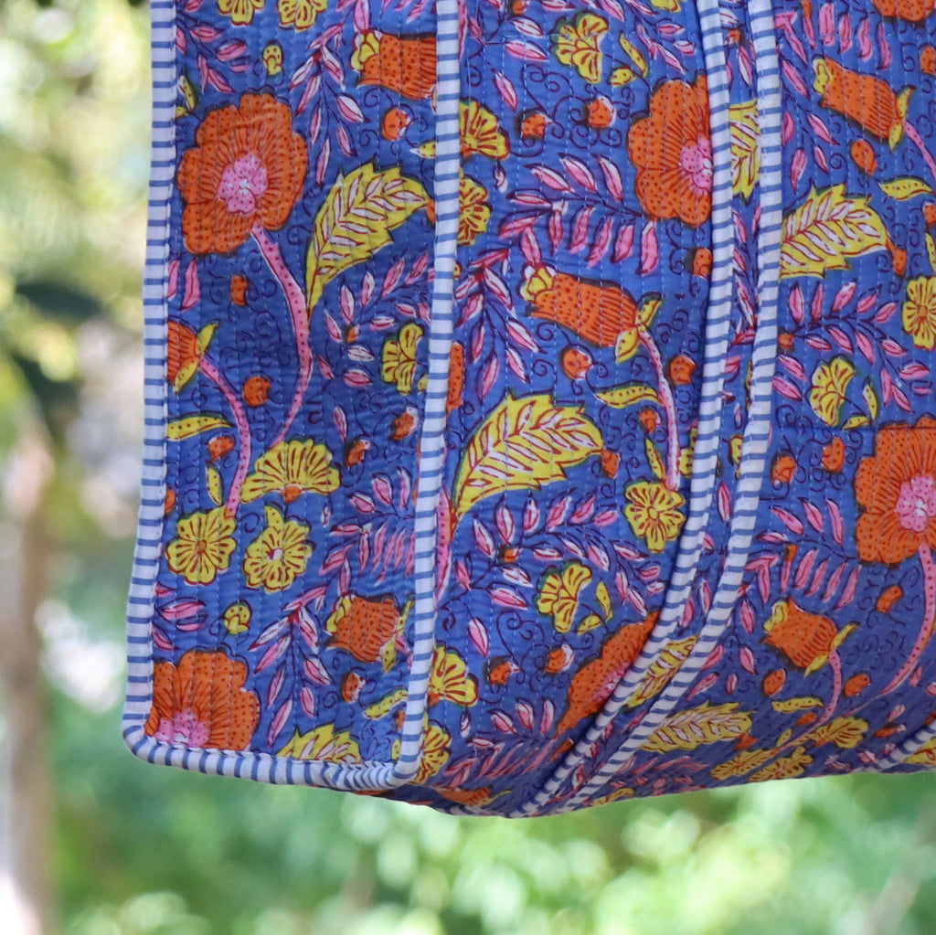 Handmade Quilted Floral Tote Bag – Blue Cotton Block Print Shoulder Bag, Boho Everyday Carry, Reusable Shopping Bag, Gift for Women