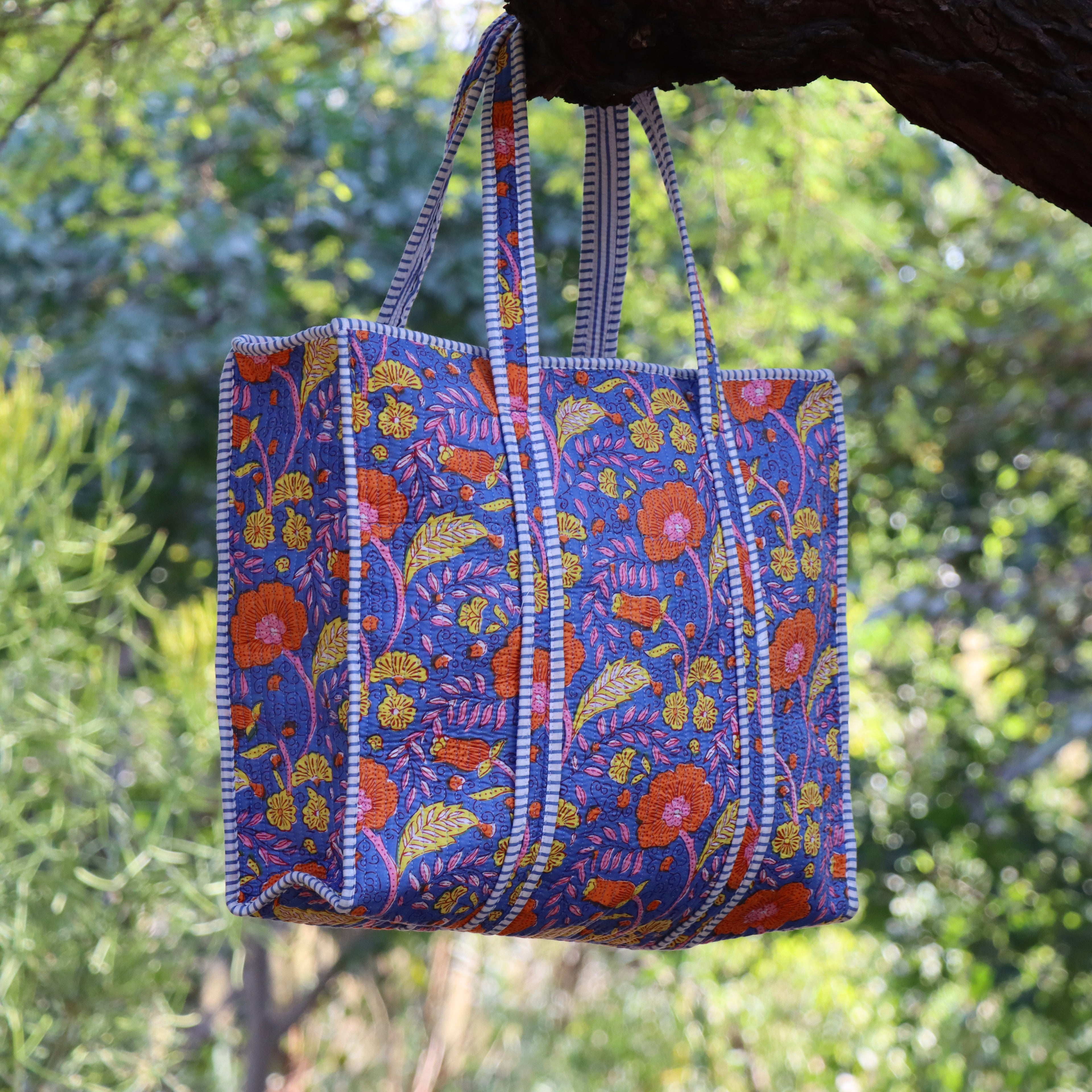 Handmade Quilted Floral Tote Bag – Blue Cotton Block Print Shoulder Bag, Boho Everyday Carry, Reusable Shopping Bag, Gift for Women