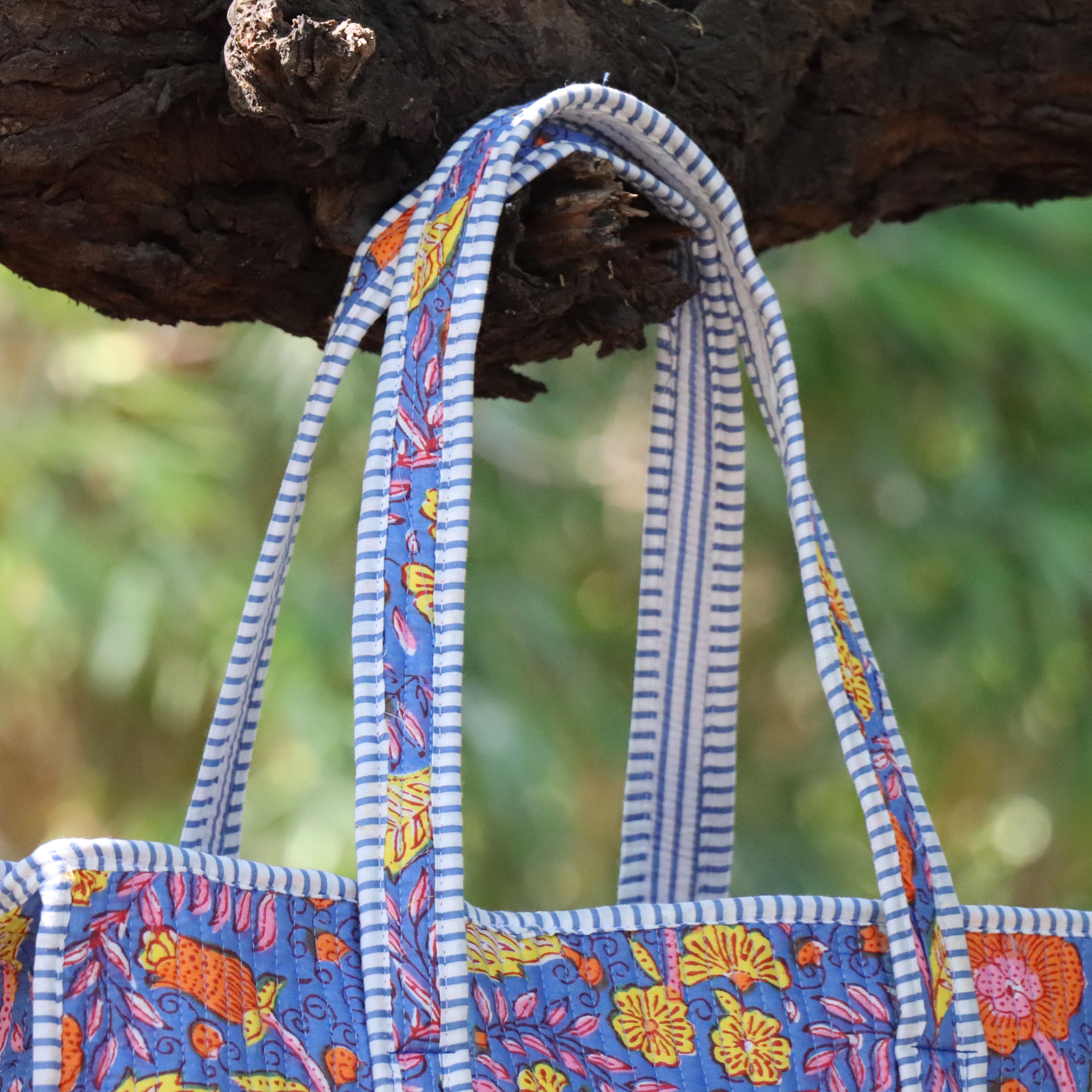 Handmade Quilted Floral Tote Bag – Blue Cotton Block Print Shoulder Bag, Boho Everyday Carry, Reusable Shopping Bag, Gift for Women
