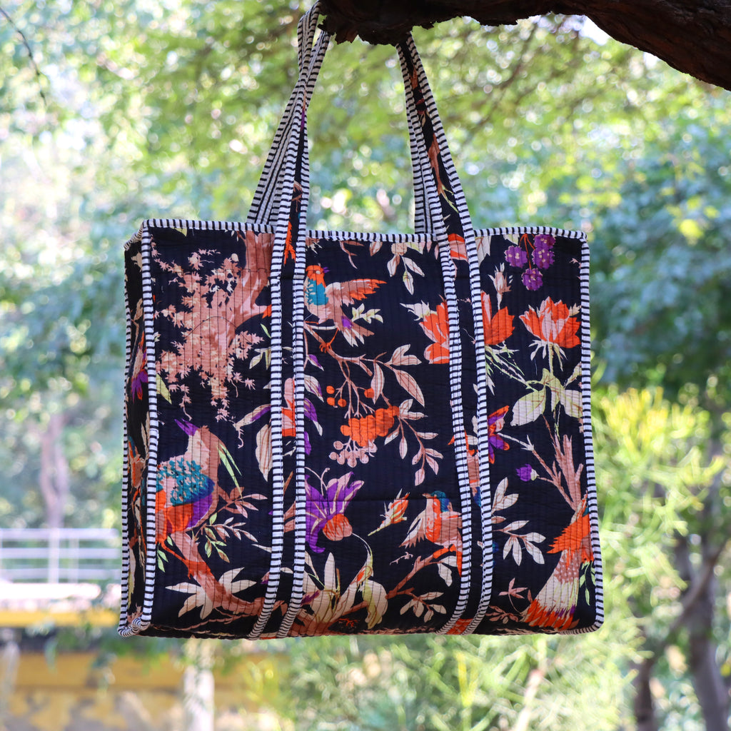Floral Bird Print Quilted Tote Bag, Handmade Cotton Shoulder Bag, Boho Everyday Carryall, Stylish Shopping Tote, Gift for Her