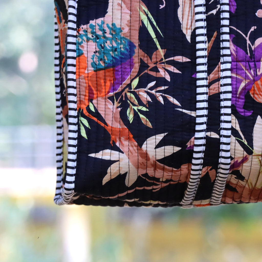 Floral Bird Print Quilted Tote Bag, Handmade Cotton Shoulder Bag, Boho Everyday Carryall, Stylish Shopping Tote, Gift for Her